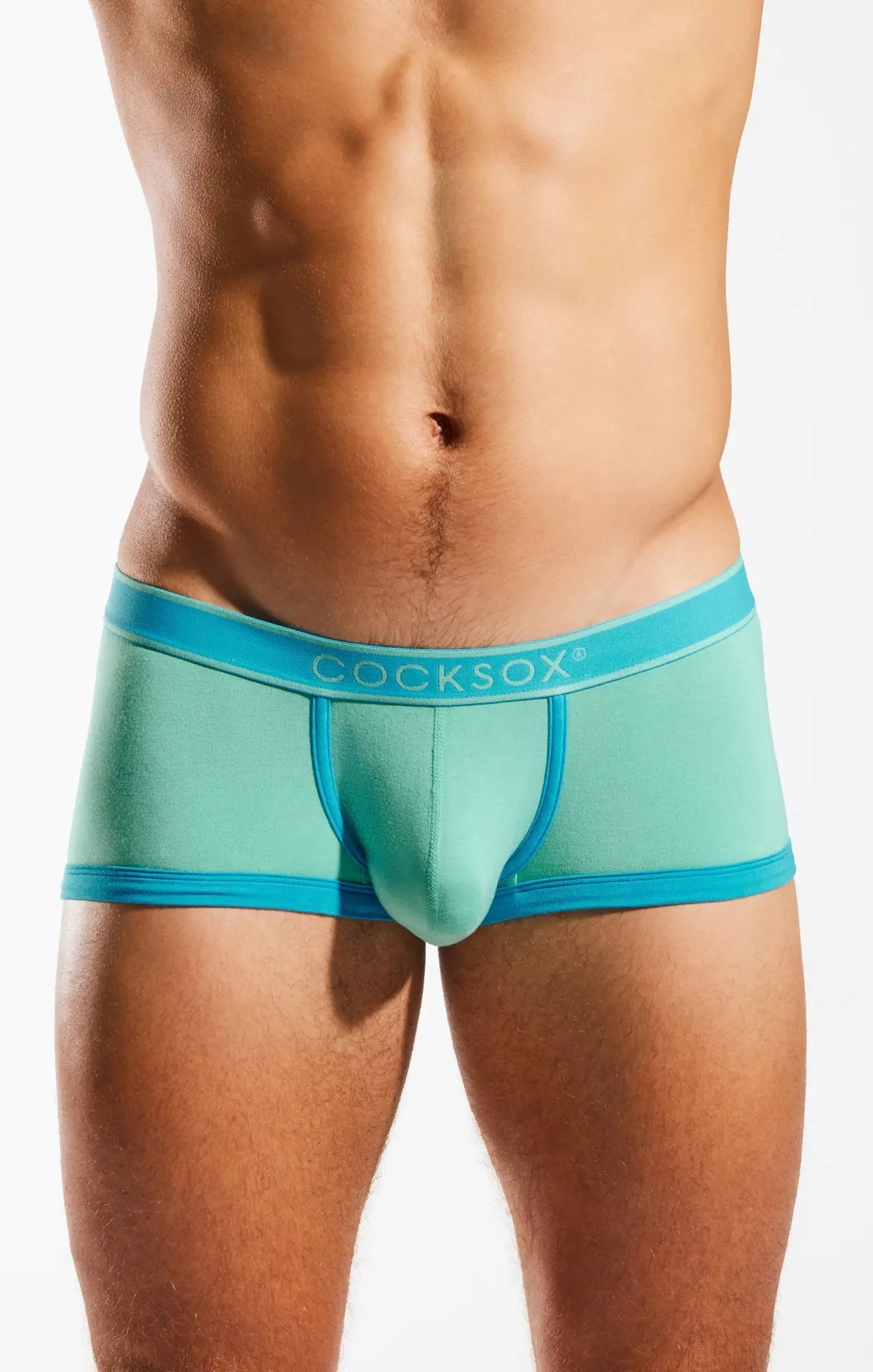 Teal and bright blue Cocksox CX68BB trunk men’s briefs with smooth stretchy fabric for comfortable fit