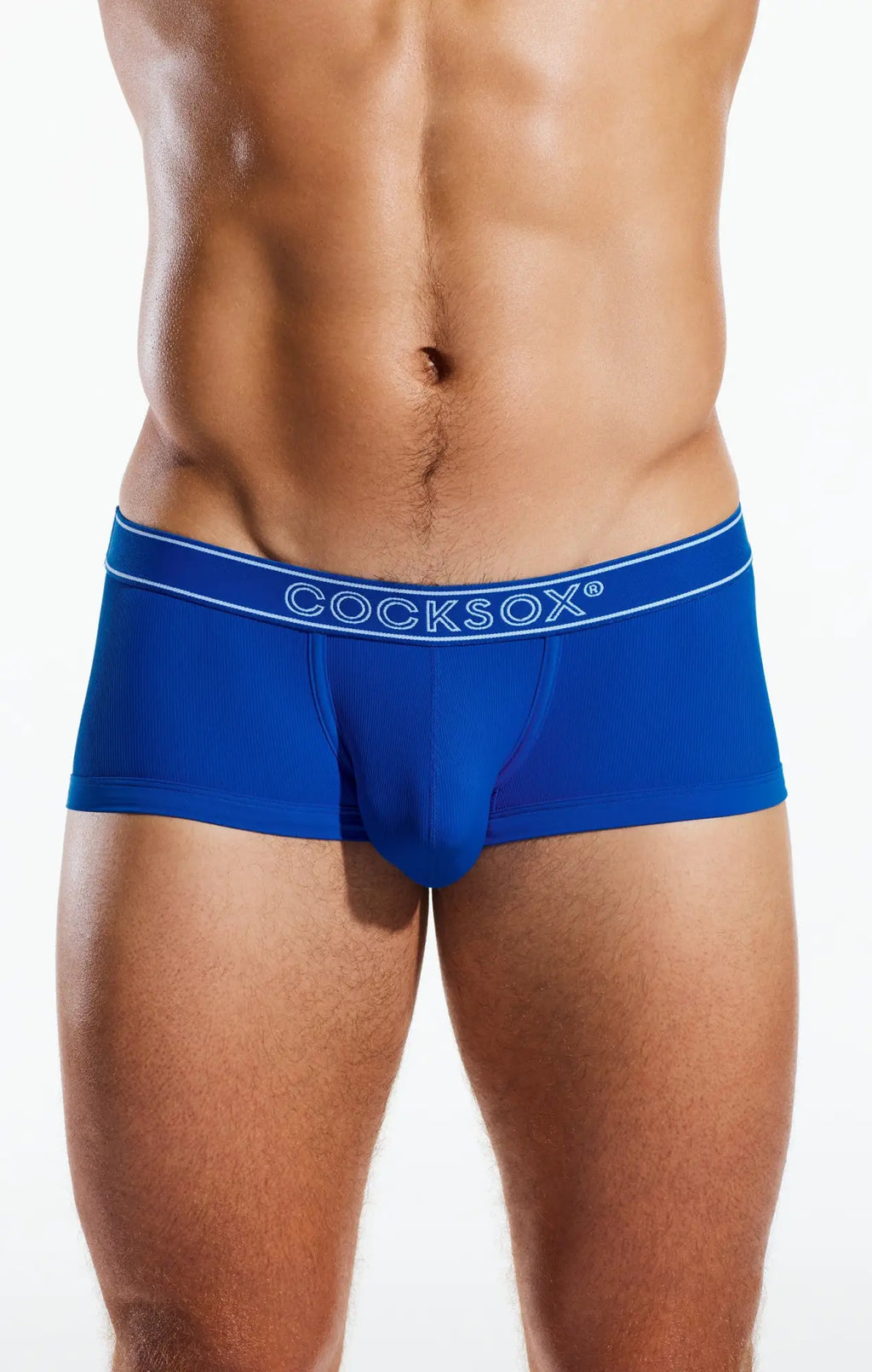 Cocksox CX68BR trunk blue men’s briefs with ribbed texture and white logo trim in front view