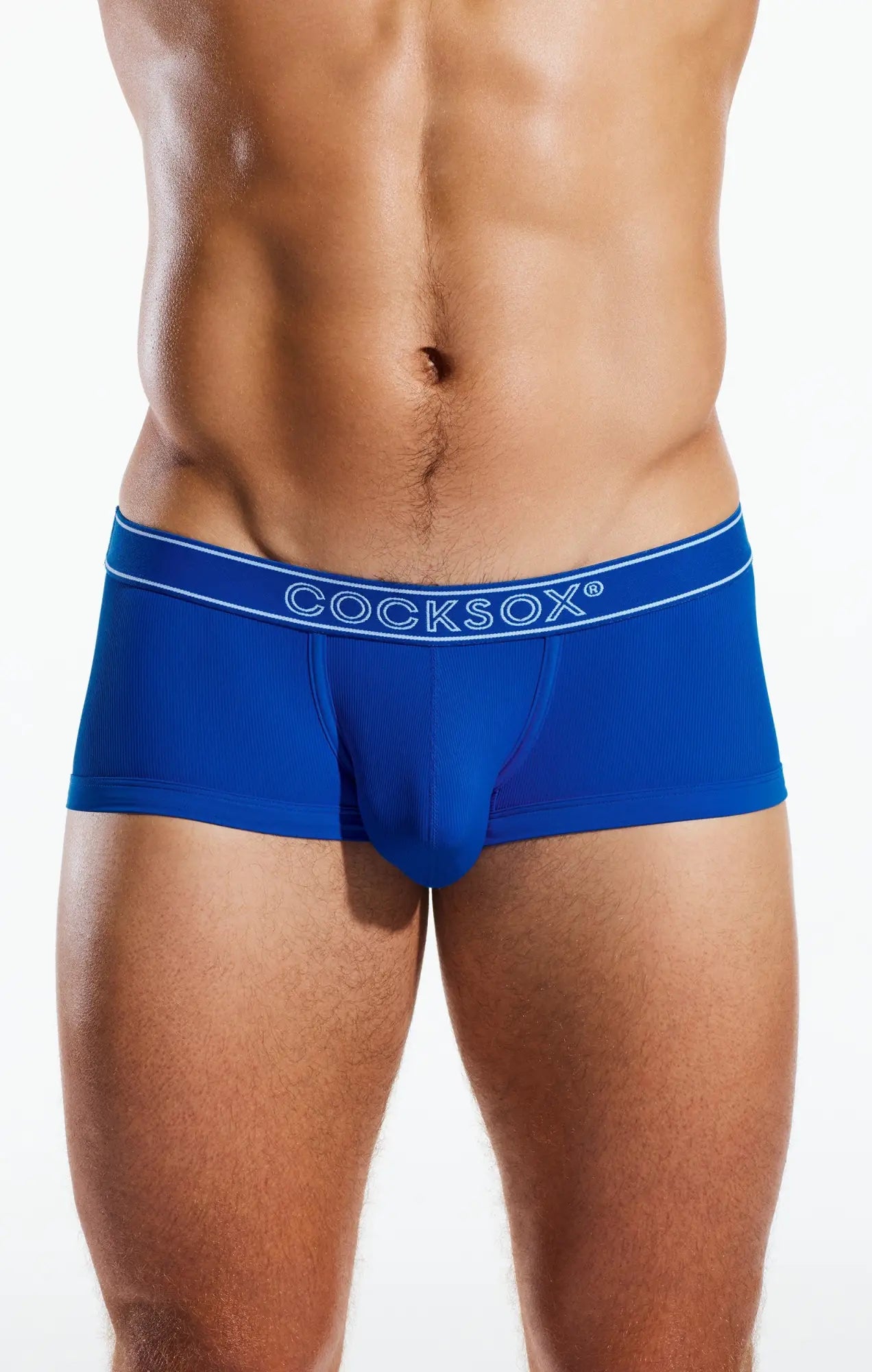 Cocksox CX68BR trunk blue men’s briefs with ribbed texture and white logo trim in front view