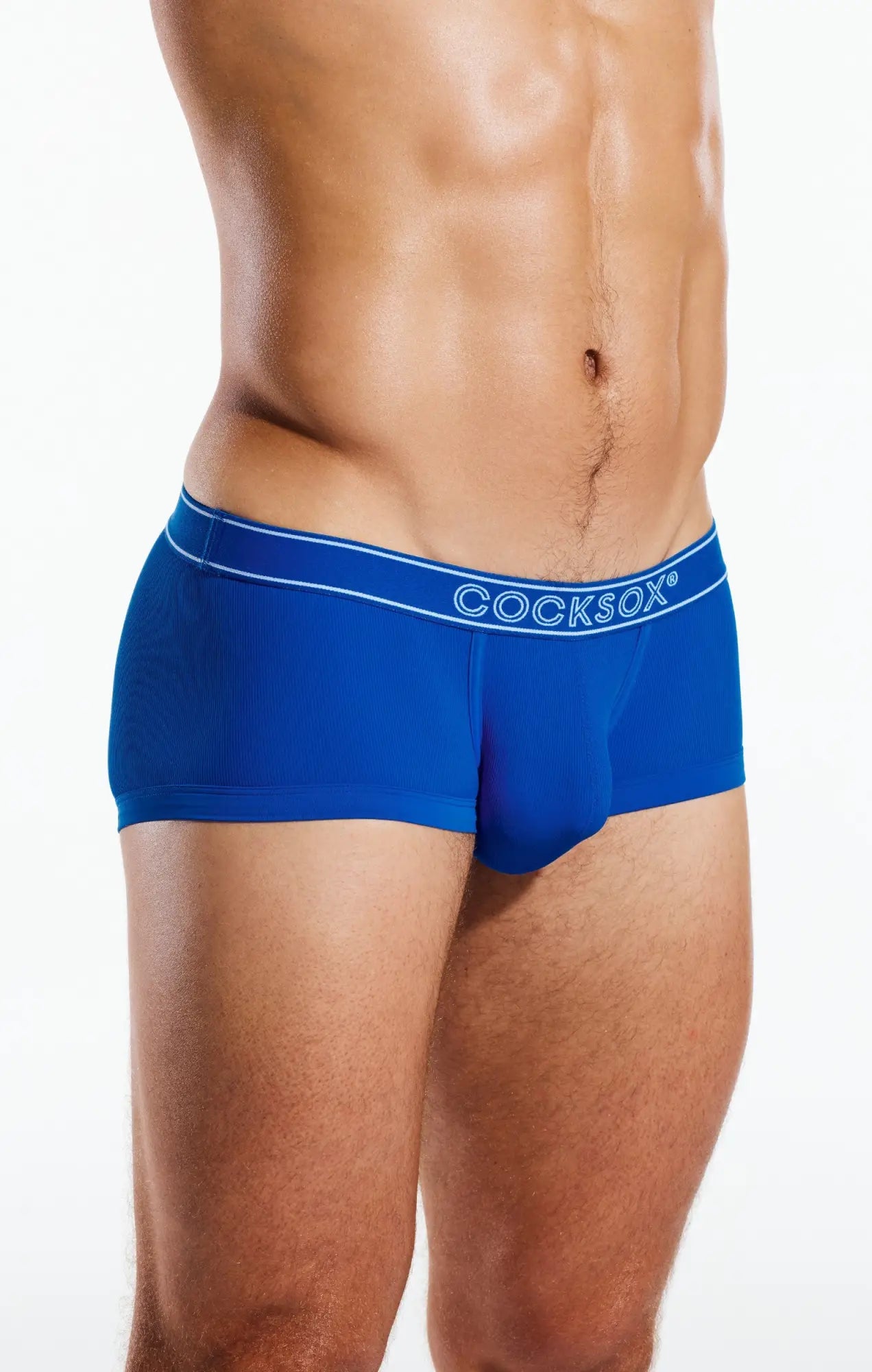Blue cocksox cx68br trunk men’s briefs with white elastic waistband featuring cocksox branding