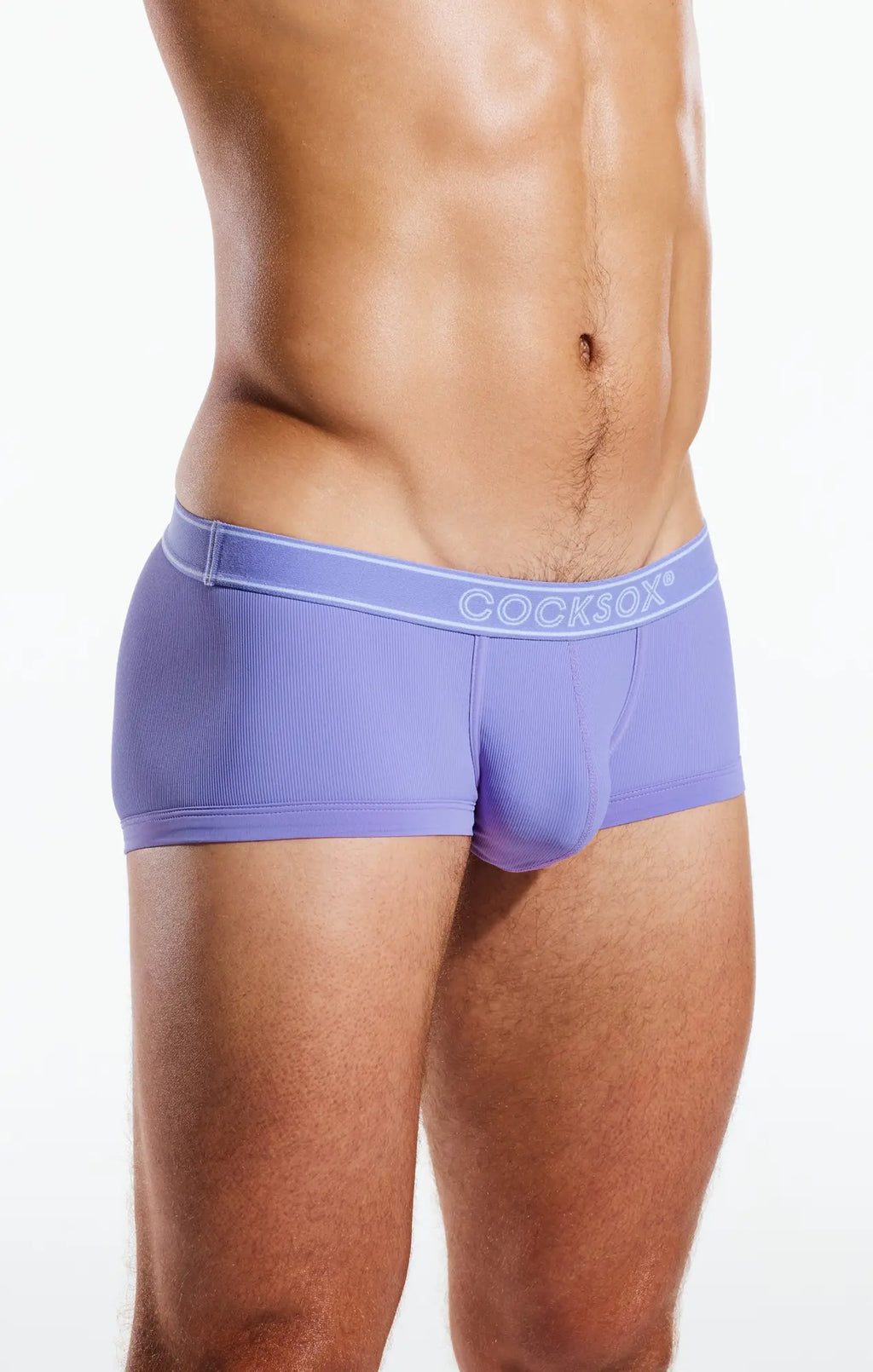 Purple ribbed cocksox cx68br trunk briefs with white logo waistband made from soft fabric for men