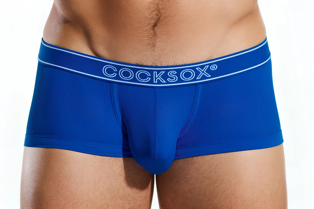 Royal blue Cocksox CX68BR trunk briefs with ribbed texture and white logo trim for men