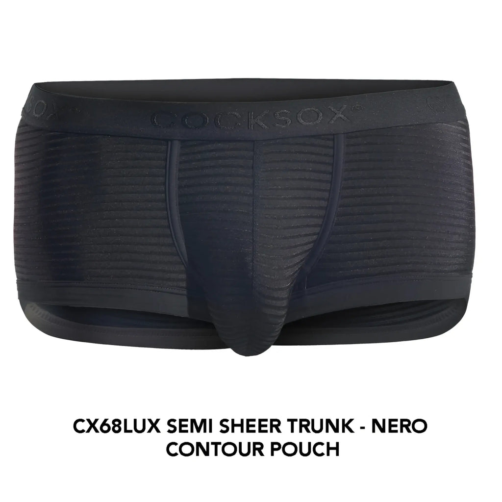Black cocksox cx68lux semi sheer trunk with contoured pouch and ribbed texture for comfortable fit