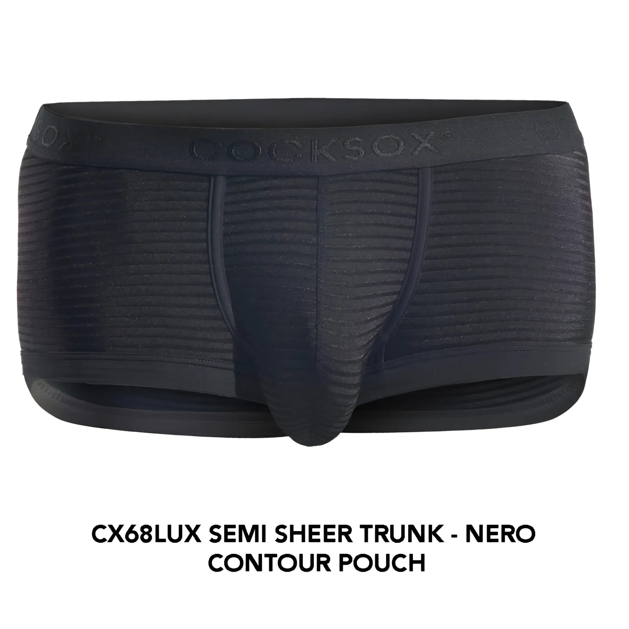 Black cocksox cx68lux semi sheer trunk with contoured pouch and ribbed texture for comfortable fit