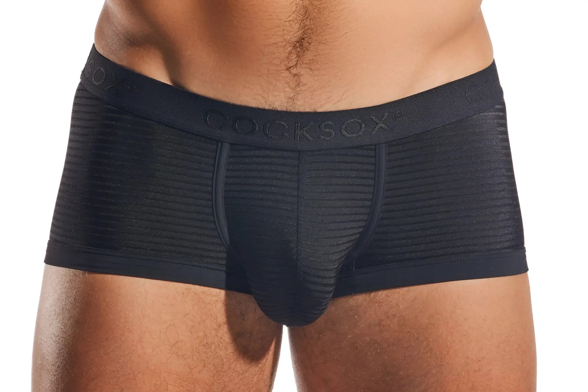 Black cocksox cx68lux semi sheer trunk with ribbed texture and elastic waistband men’s briefs front view