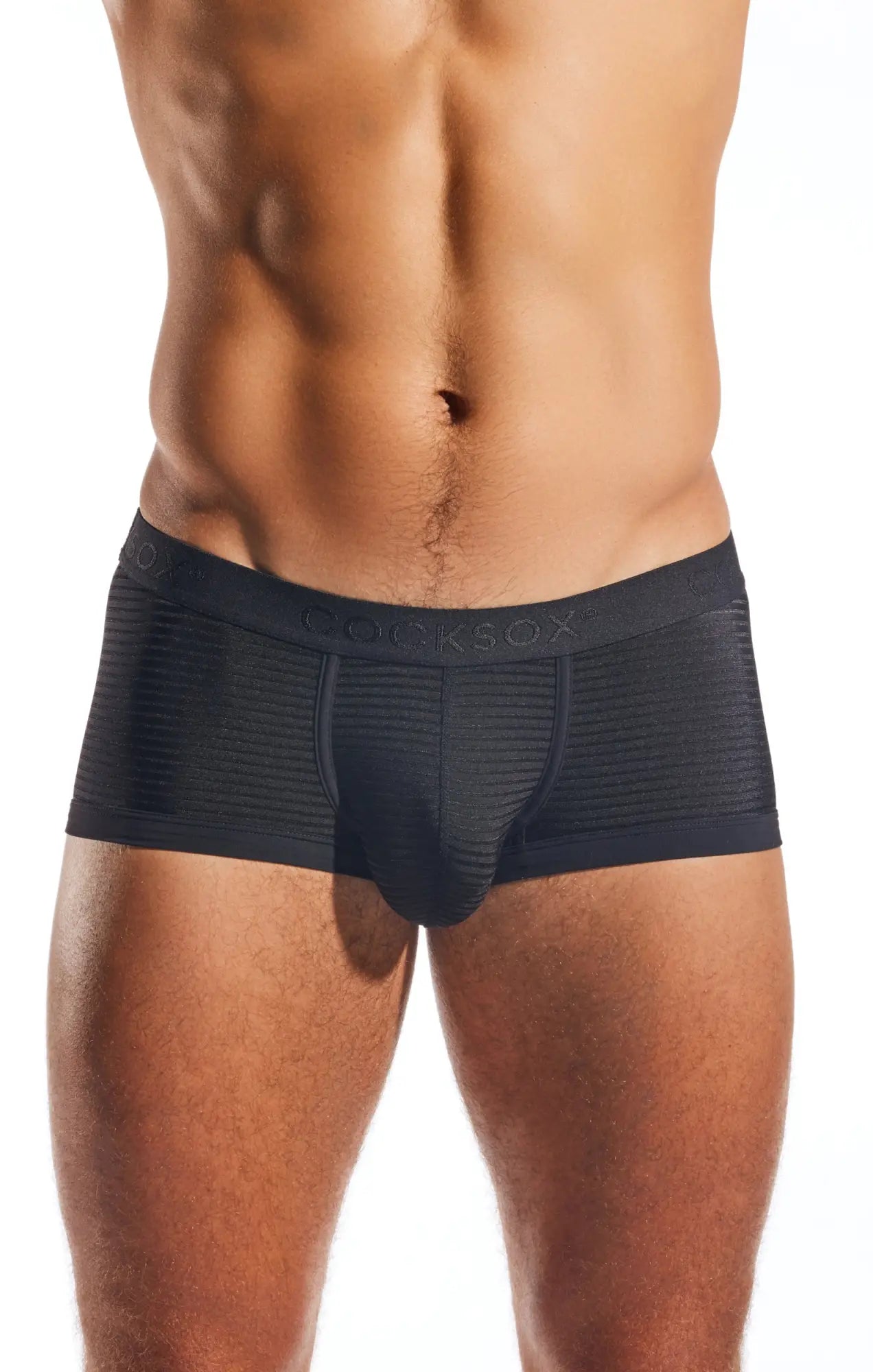 Black textured mens briefs with contoured pouch and elastic waistband cocksox cx68lux semi-sheer trunk