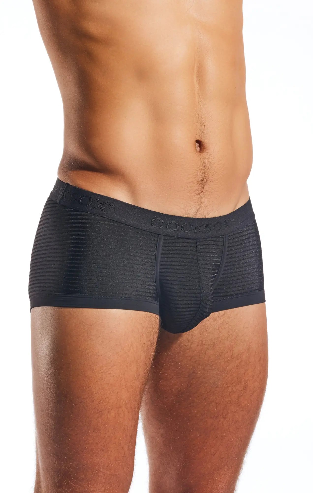 Black cocksox cx68lux semi-sheer trunk briefs with ribbed waistband featuring the brand name