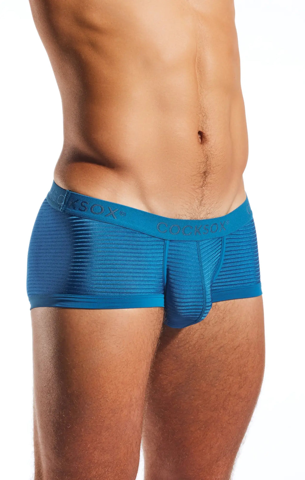 Blue cocksox men’s semi-sheer briefs with textured ribbed fabric and embroidered brand name on waistband