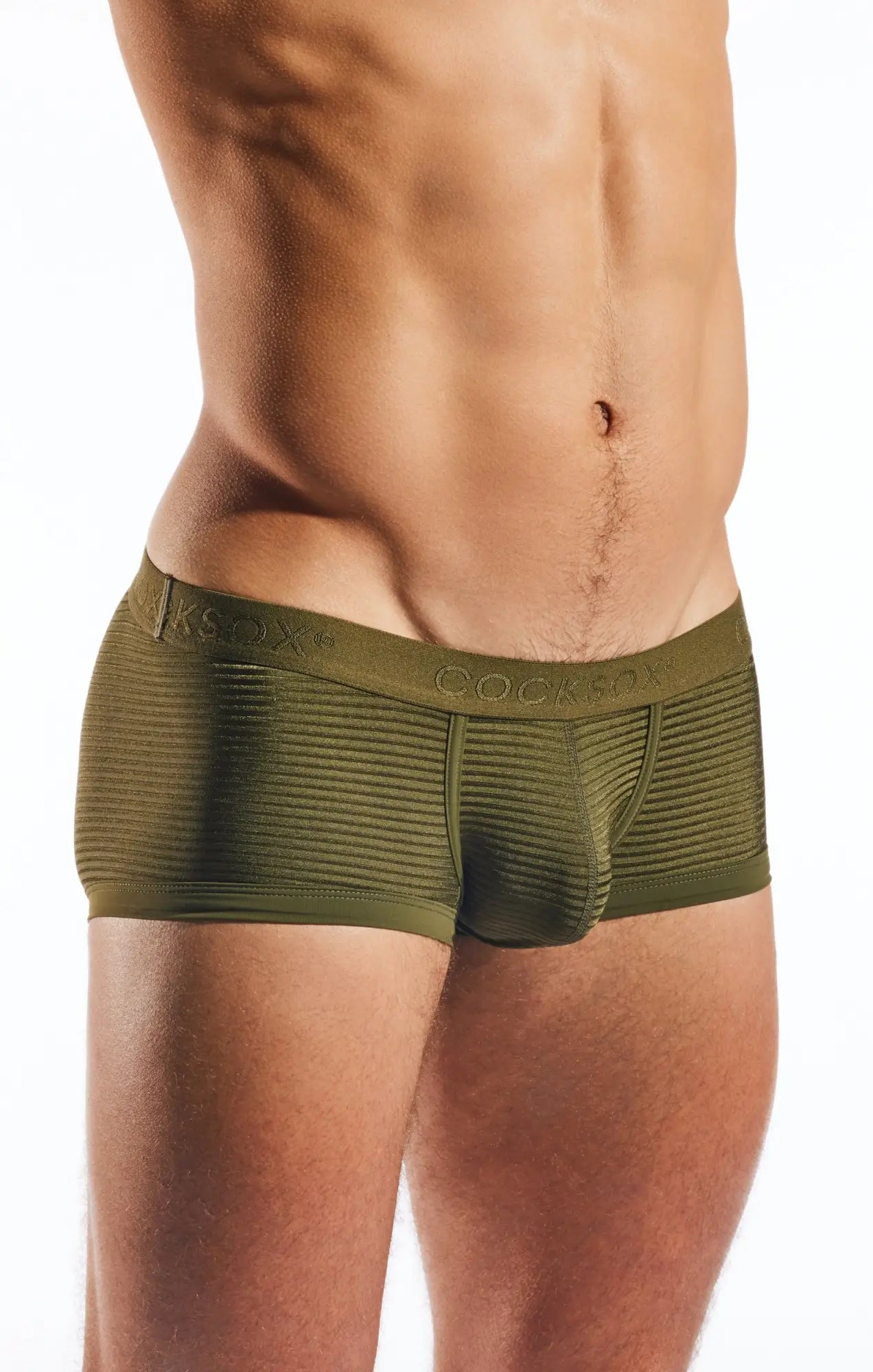 Olive green cocksox cx68lux semi sheer trunk with vertical stripe texture and elastic waistband for men