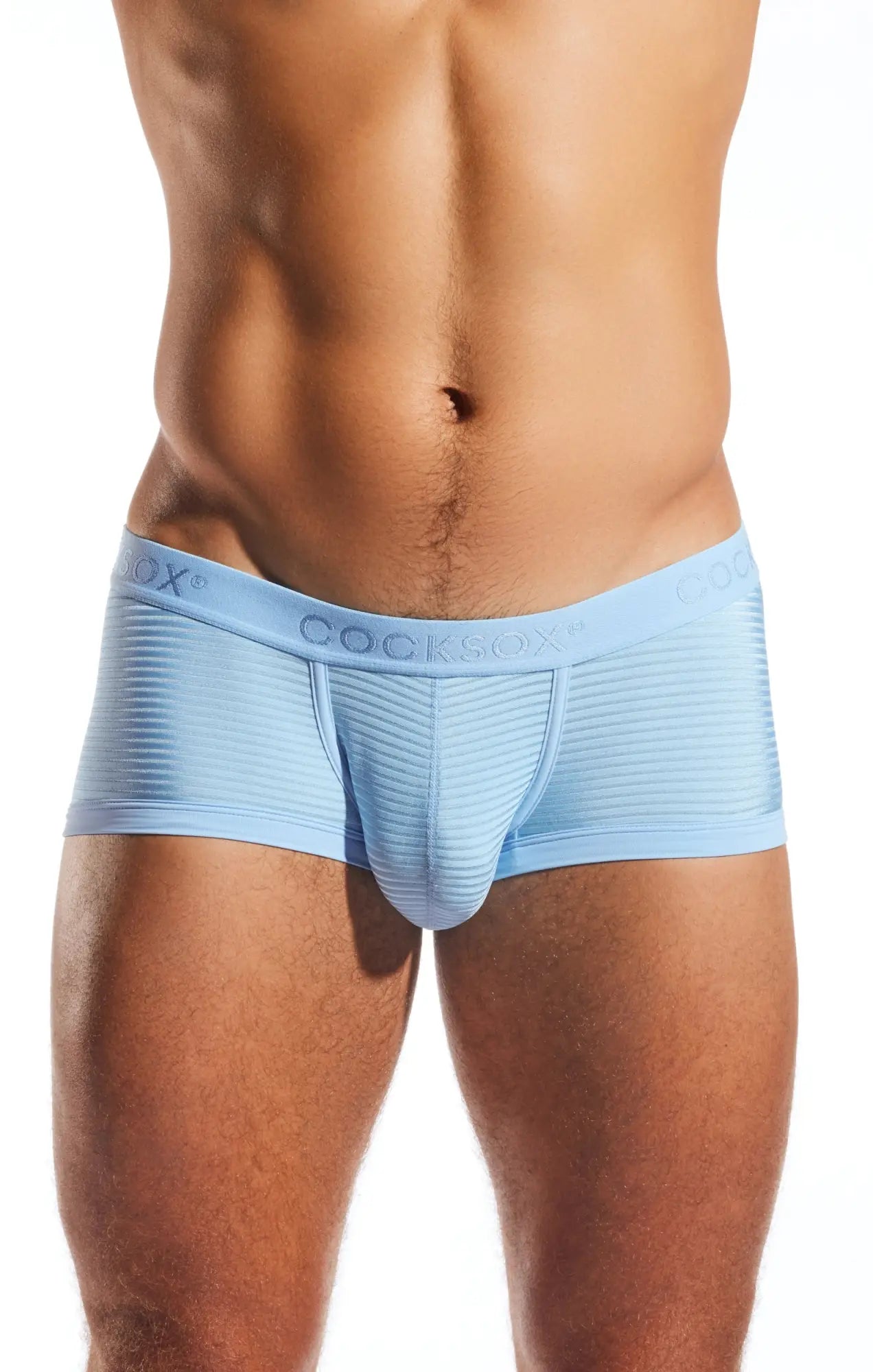 Light blue cocksox cx68lux semi sheer trunk briefs with ribbed texture and elastic waistband for men