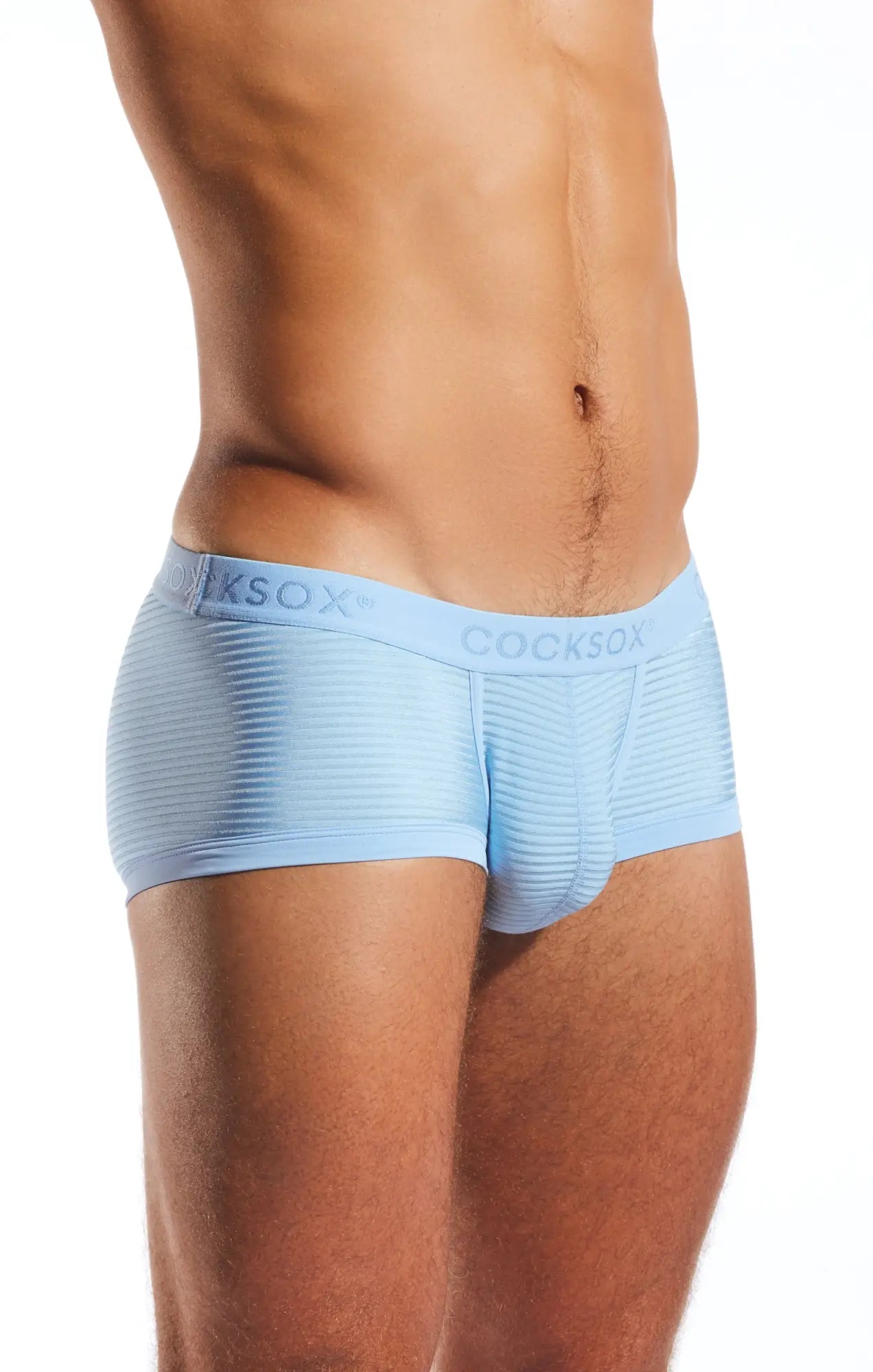 Light blue cocksox cx68lux semi sheer trunk men’s briefs with textured ribbed fabric and subtle waistband branding