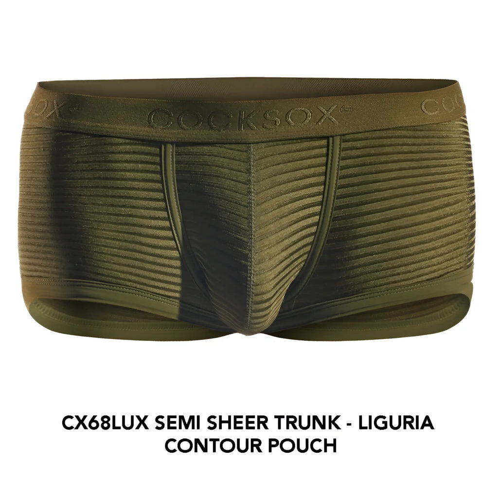Olive green semi-sheer men’s trunk by Cocksox with ribbed texture and contoured pouch design for comfort