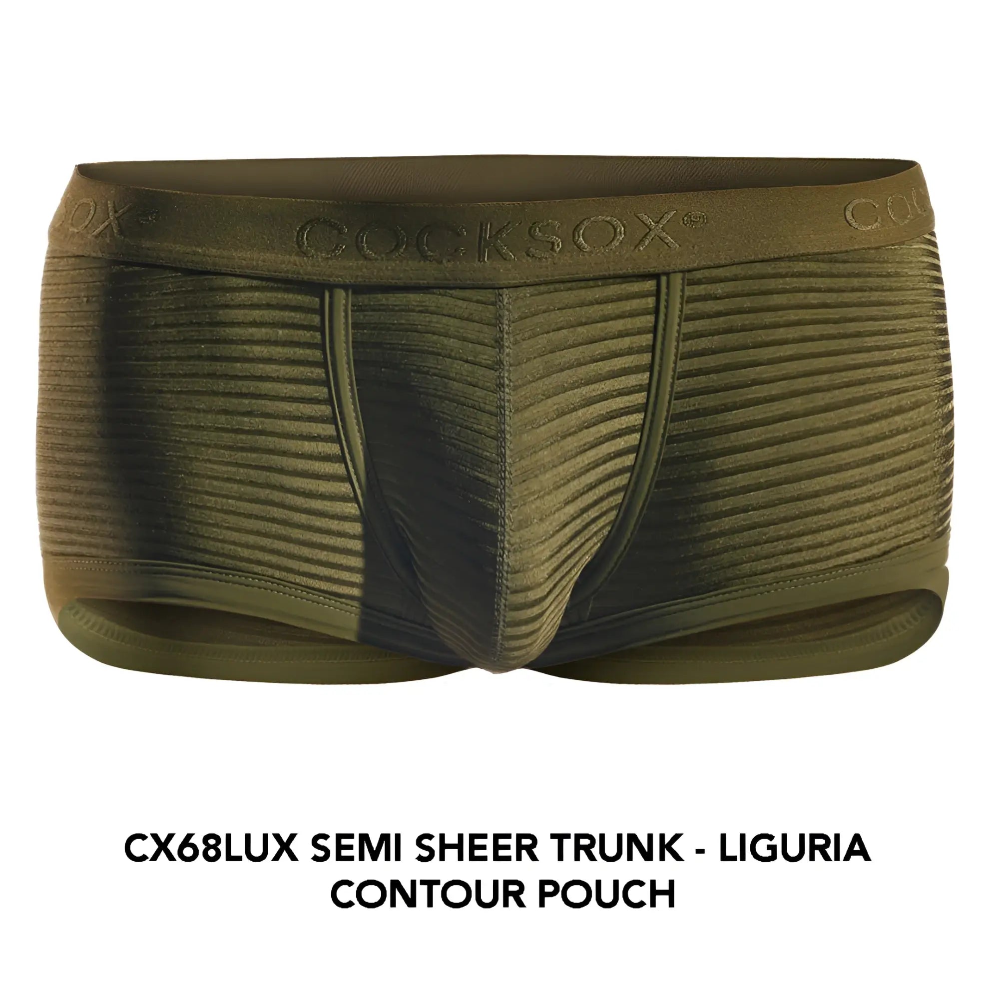 Olive green semi-sheer men’s trunk by Cocksox with ribbed texture and contoured pouch design for comfort