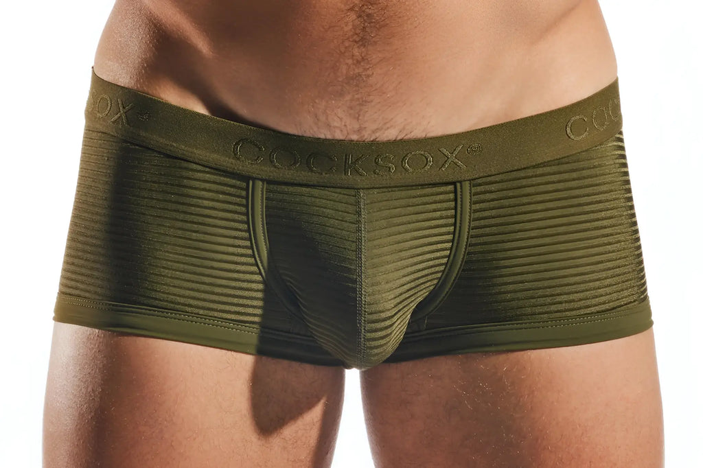 Olive green textured cocksox cx68lux semi sheer trunk boxer briefs with ribbed pattern and embossed waistband