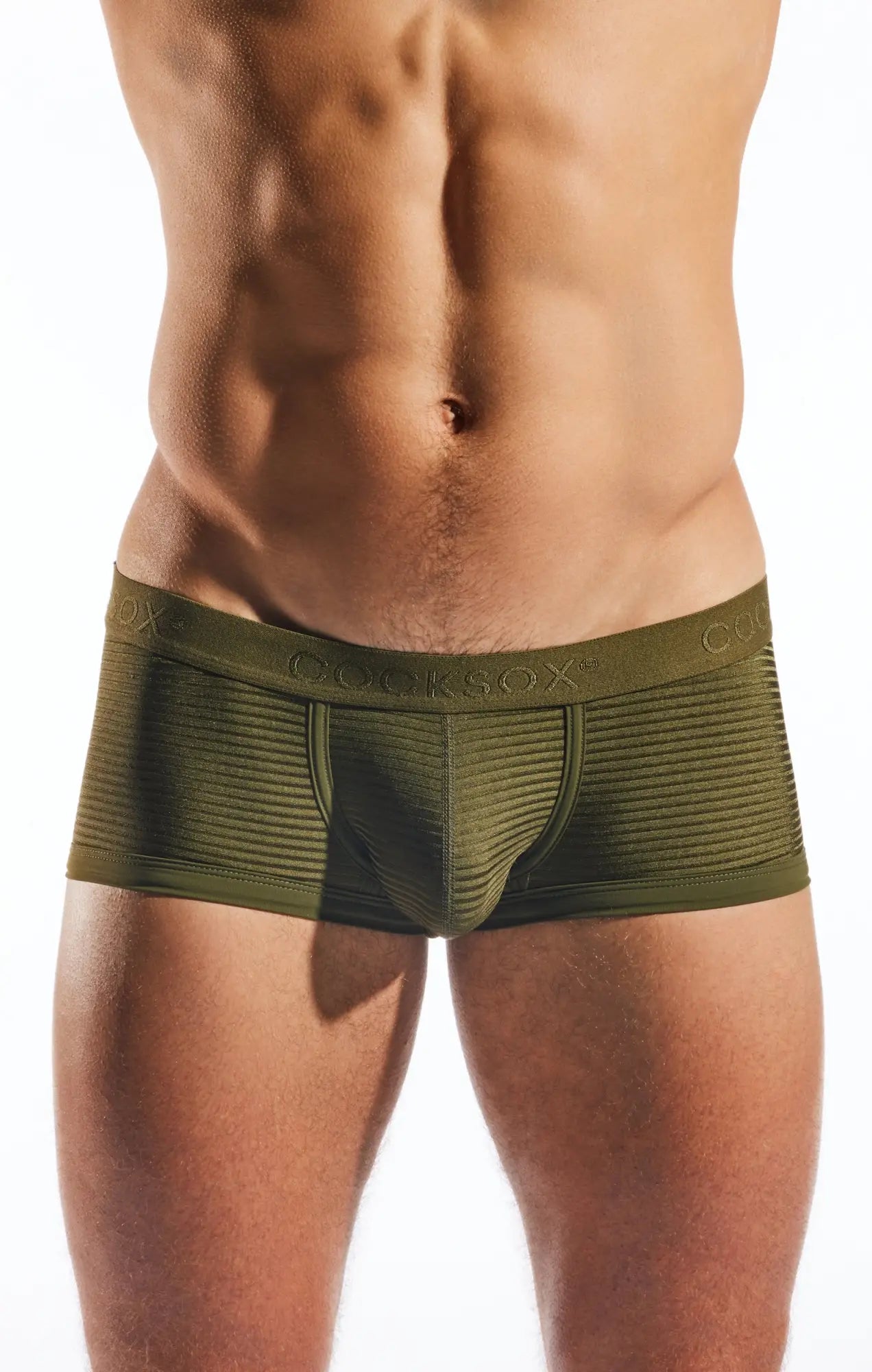 Olive green textured men’s briefs with ribbed waistband featuring cocksox brand name cocksox cx68lux semi sheer trunk