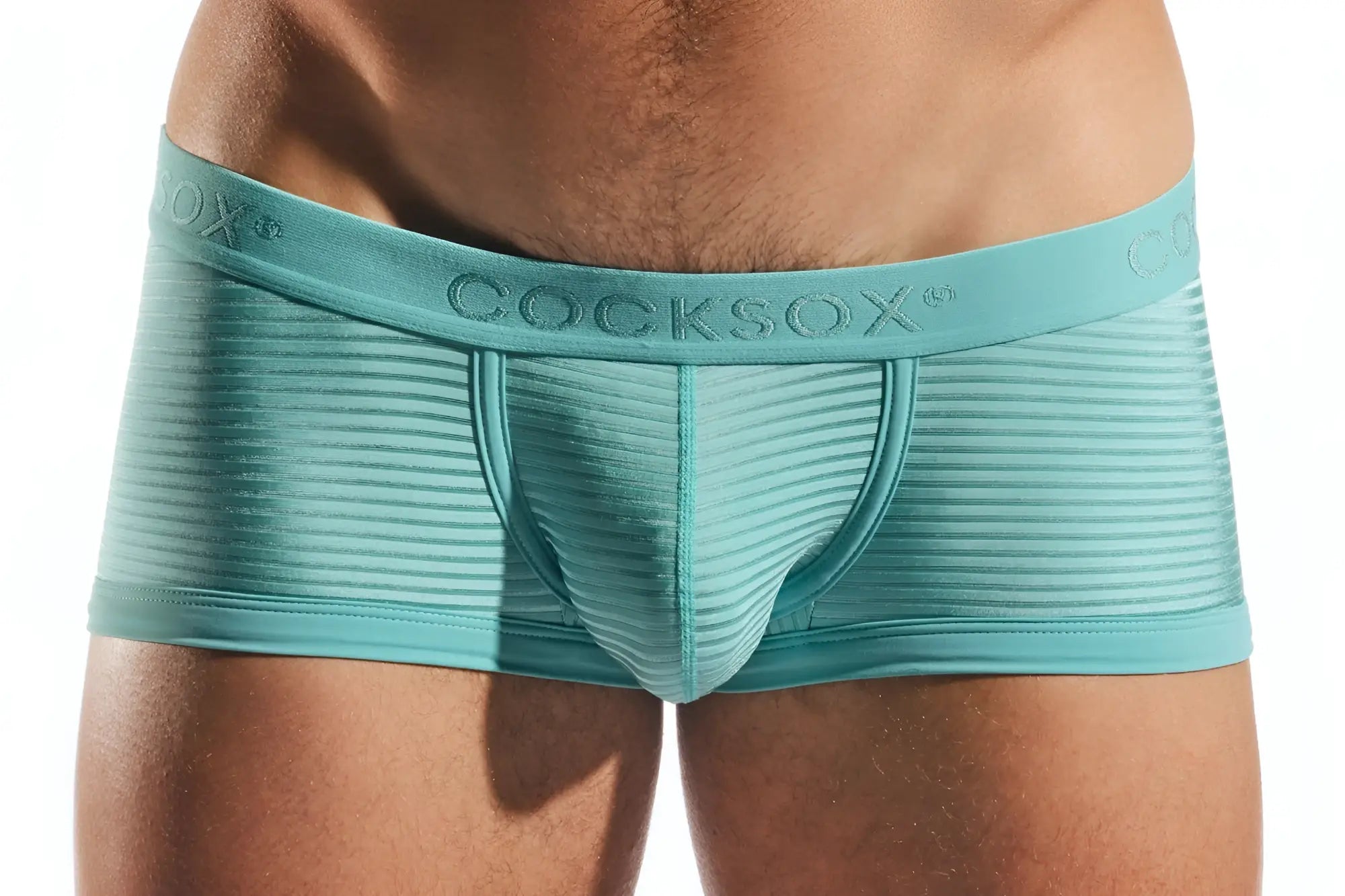 Teal ribbed men’s briefs with branded waistband from Cocksox CX68LUX semi-sheer trunk collection