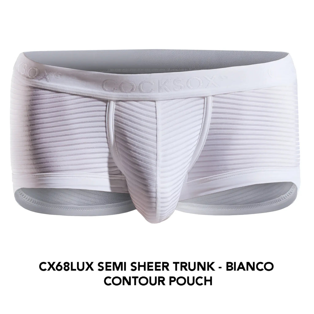White cocksox cx68lux semi sheer trunk with contoured pouch and subtle vertical ribbing in front view