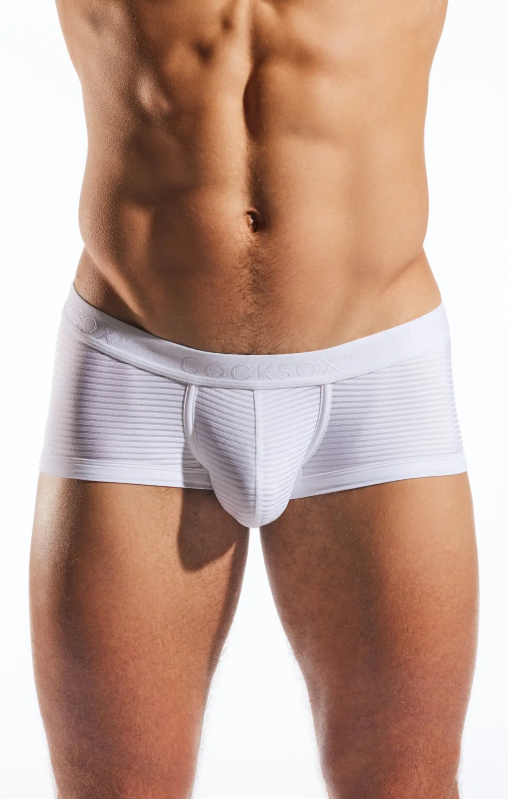 White ribbed textured men’s briefs with contoured design and elastic waistband from Cocksox CX68LUX Semi-Sheer Trunk