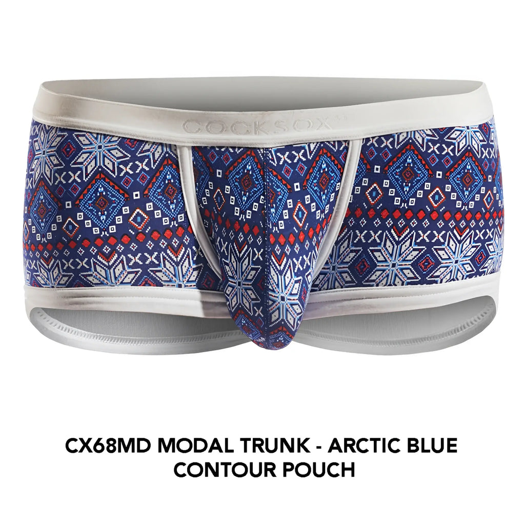Cocksox CX68MD Arctic blue modal trunk with bold red white navy geometric snowflake pattern and cream waistband trim