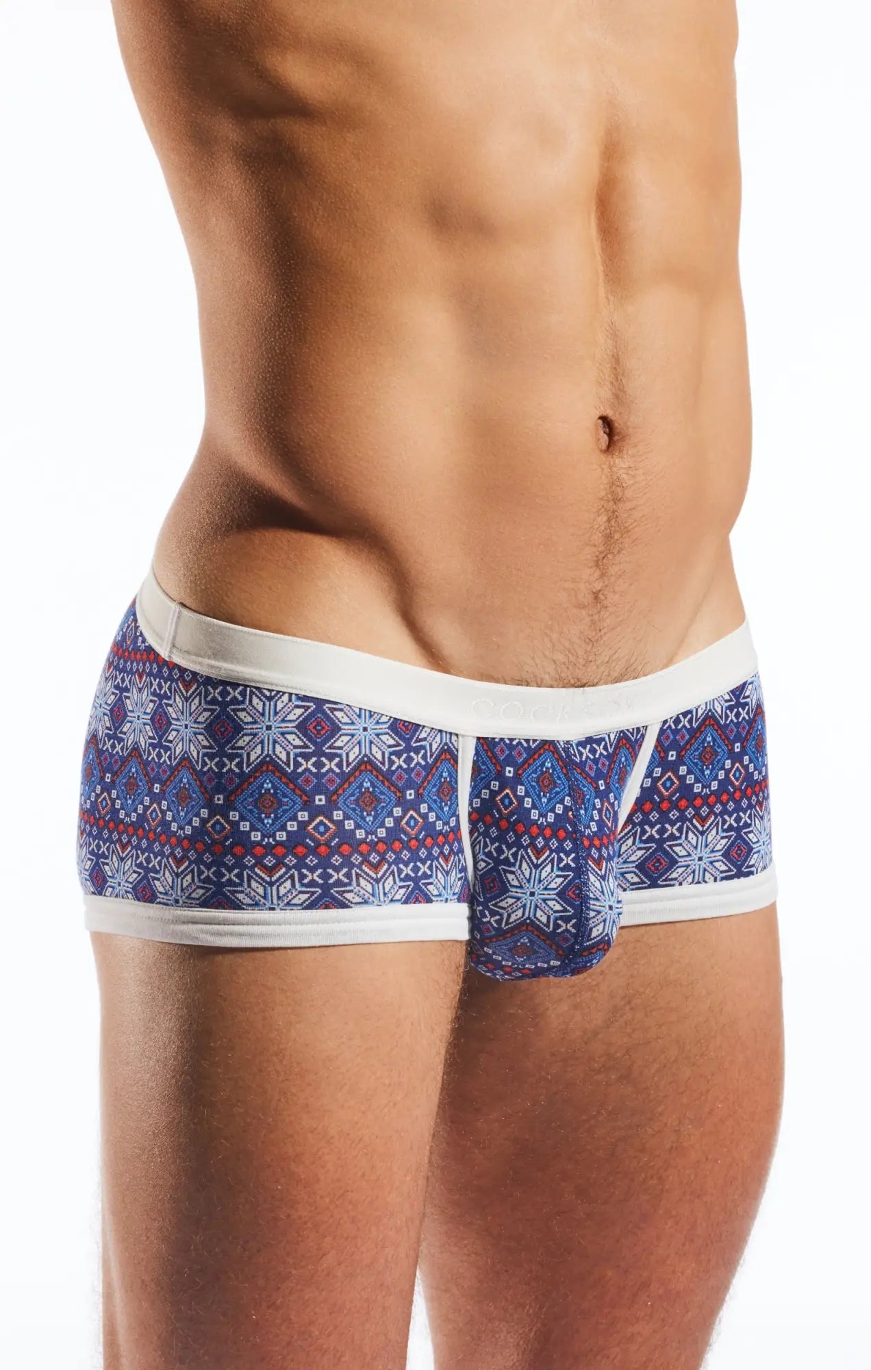 Blue patterned cocksox cx68md trunk men’s briefs with white trim and snowflake design