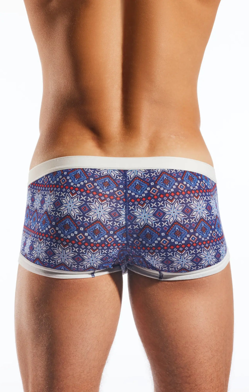 Blue patterned men’s briefs with white trim and snowflake designs cocksox cx68md trunk front view