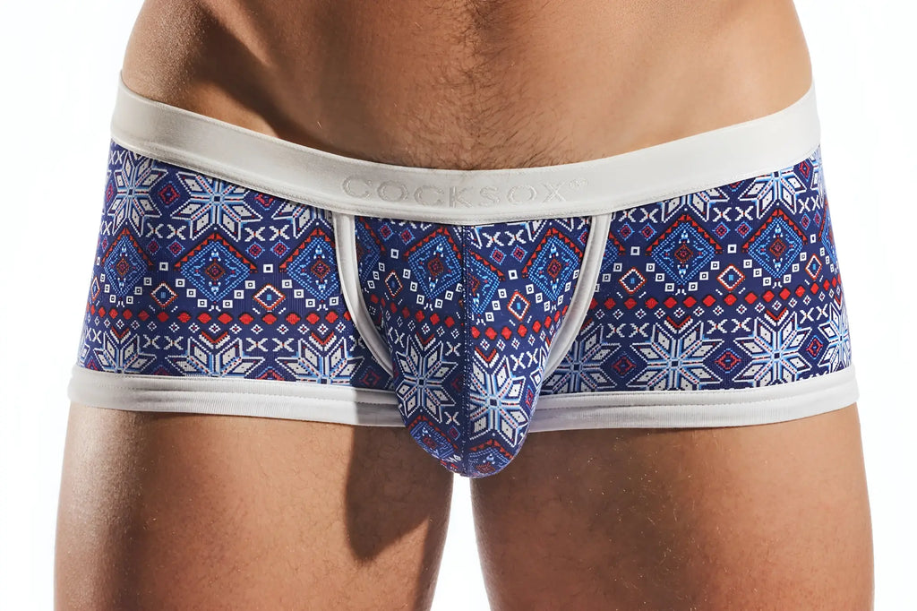 Cocksox cx68md trunk blue and red geometric snowflake pattern men’s briefs with white elastic waistband