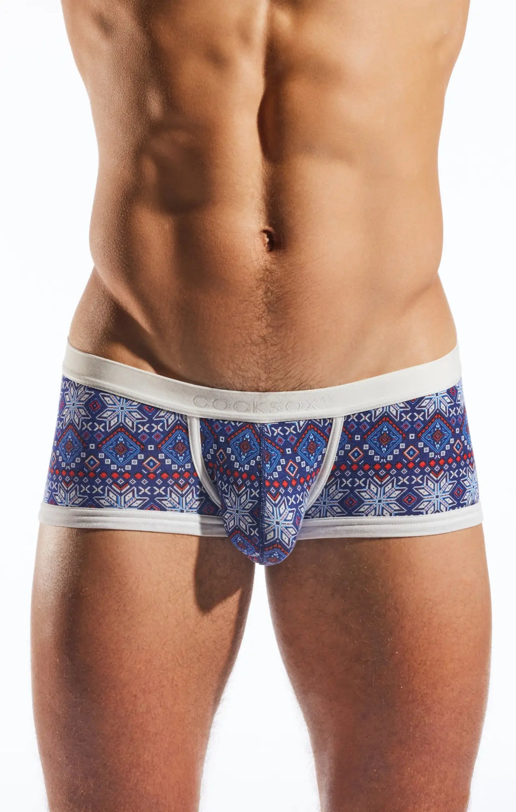 Cocksox cx68md trunk boxer briefs in blue and red pattern with white trim designed for comfort and style
