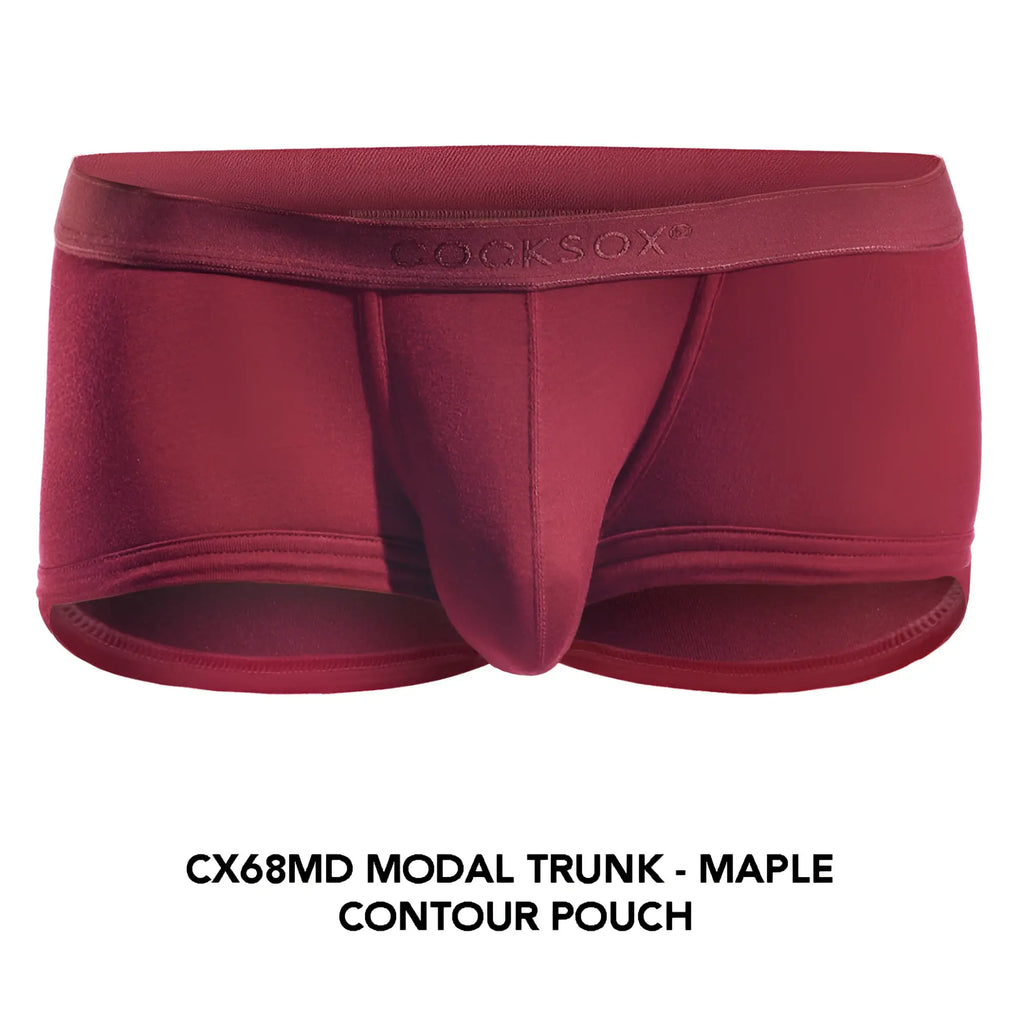 A deep red modal cocksox cx68md trunk with contoured pouch design and embroidered brand name on waistband