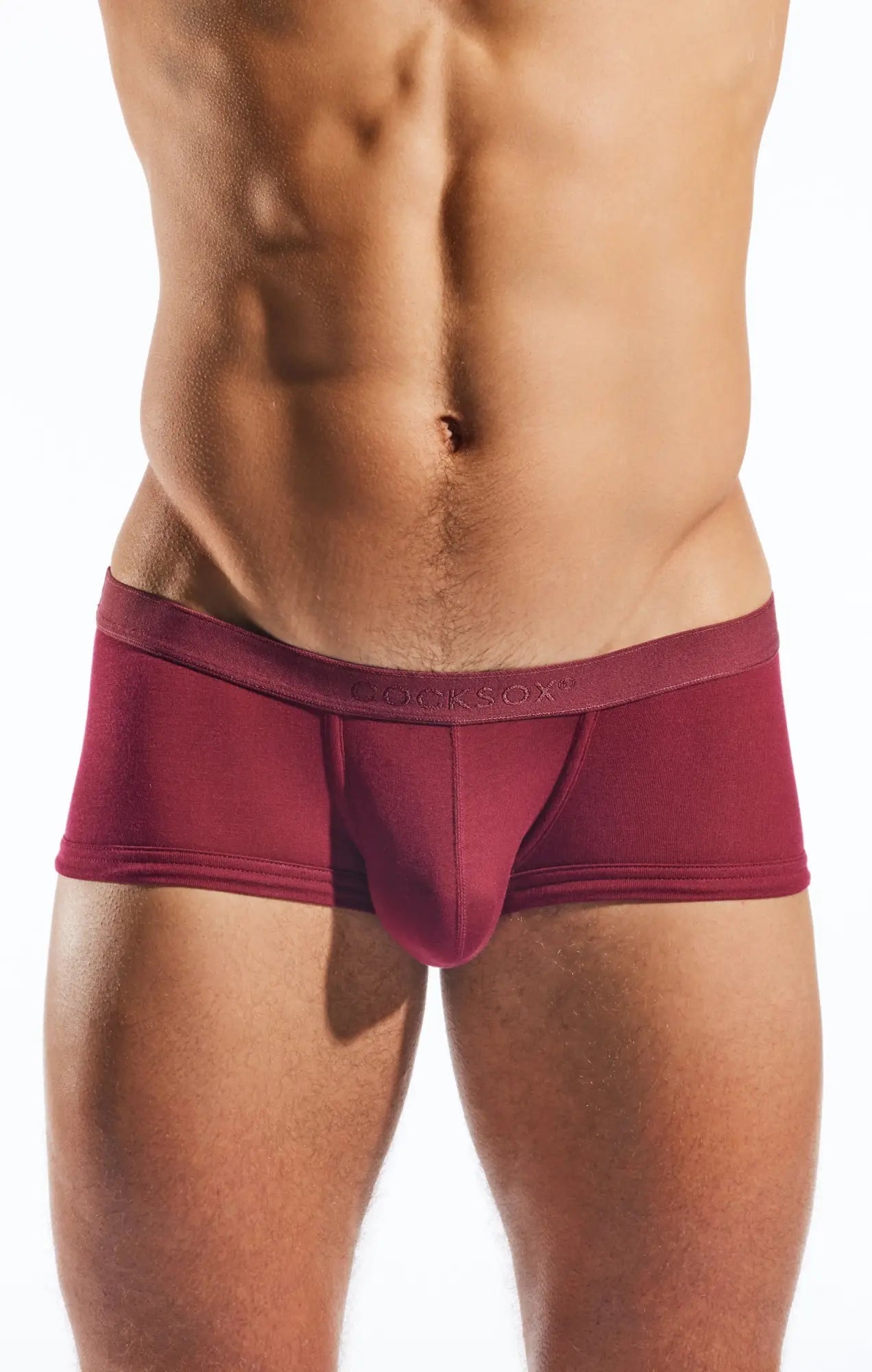 Maroon form-fitting mens briefs with smooth fabric and cokksox embroidered waistband cocksox cx68md trunk