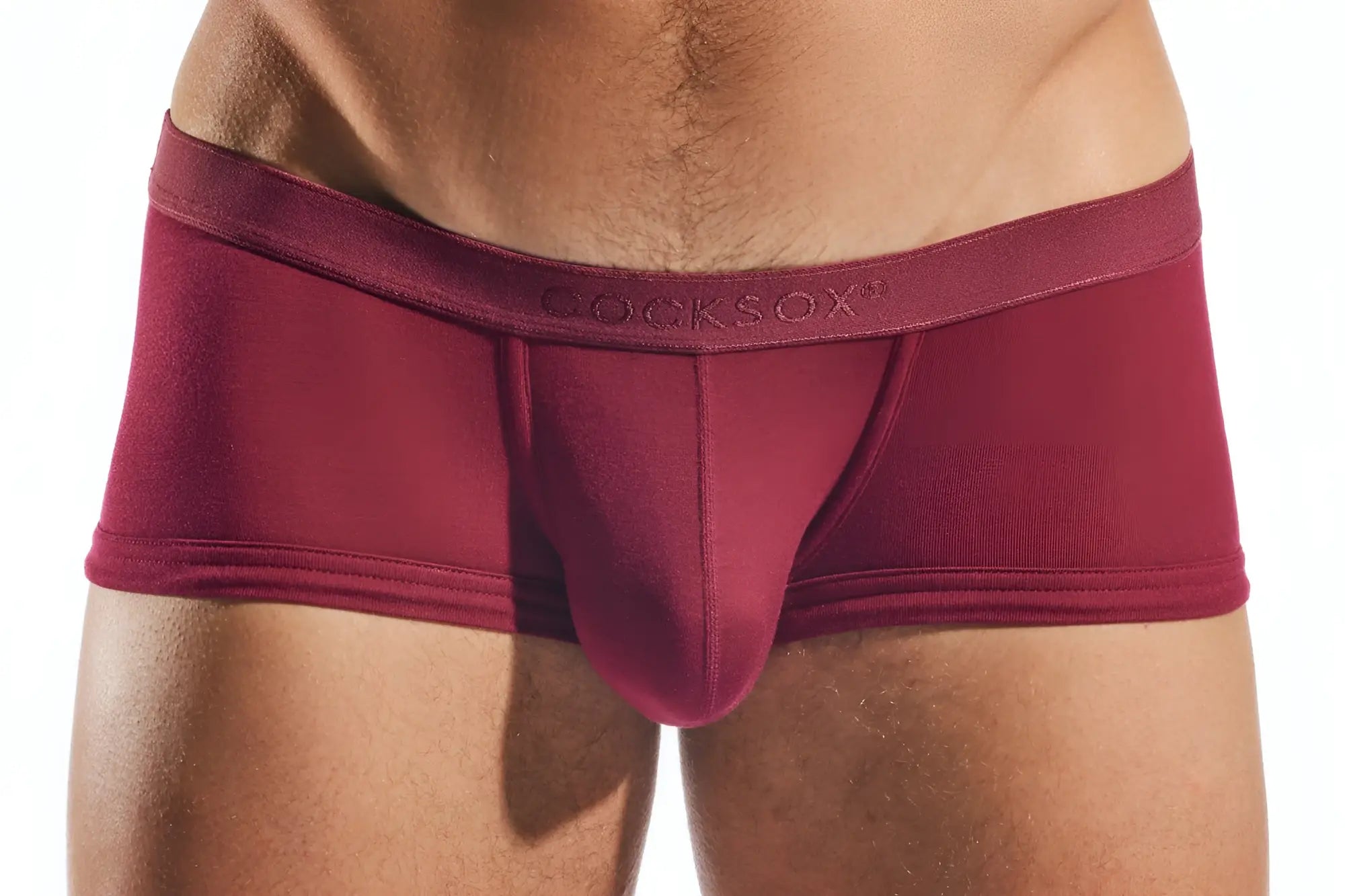 Maroon cocksox cx68md trunk men’s briefs with smooth form-fitting fabric and embroidered brand logo on waistband