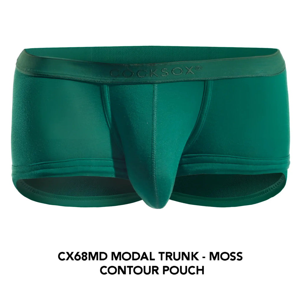 Moss green modal cocksox cx68md trunk with contour pouch design and cocksox logo on waistband front view