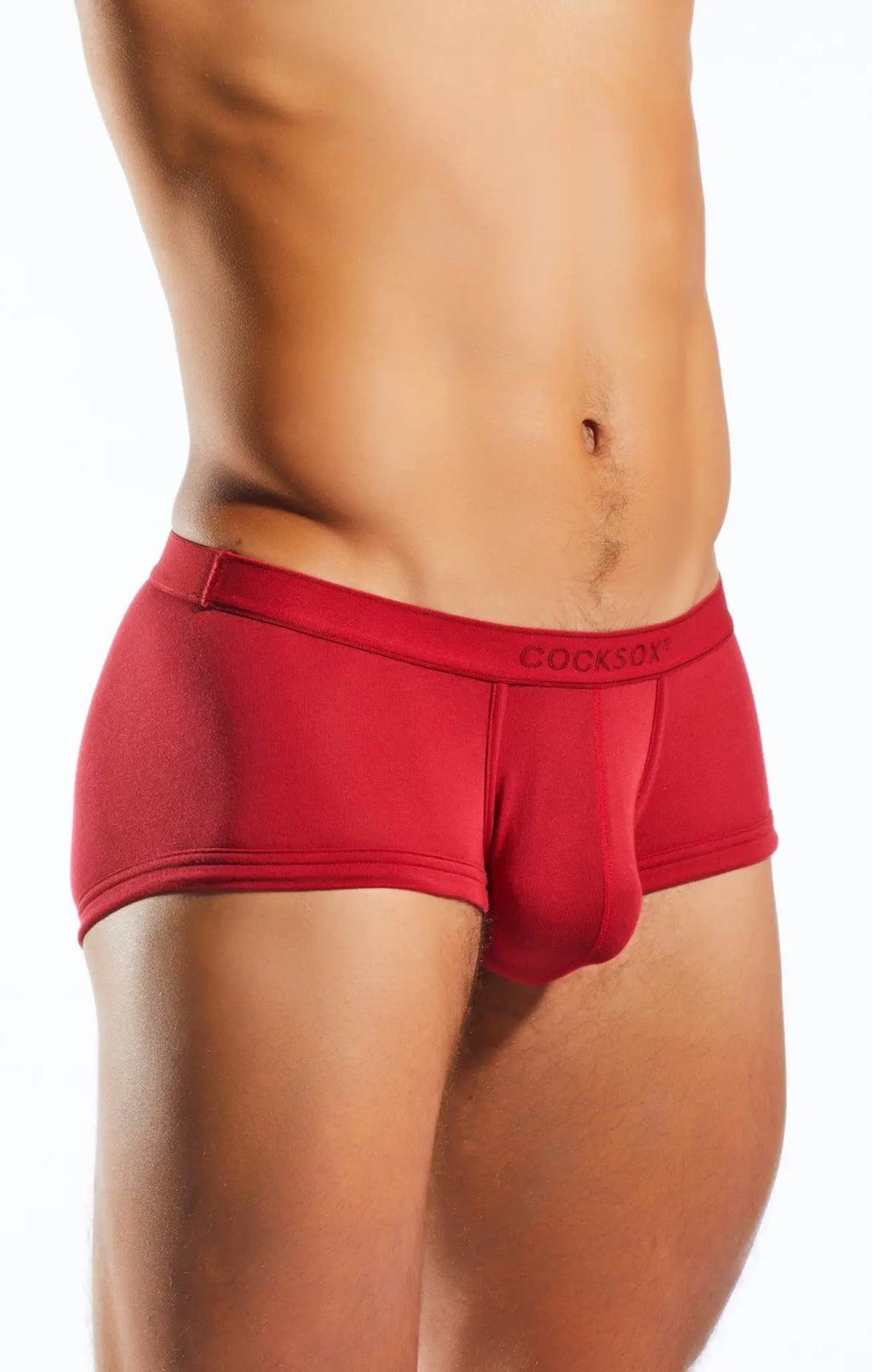 Red mens briefs with snug fit and cooksoft embroidered waistband from cocksox cx68md trunk collection