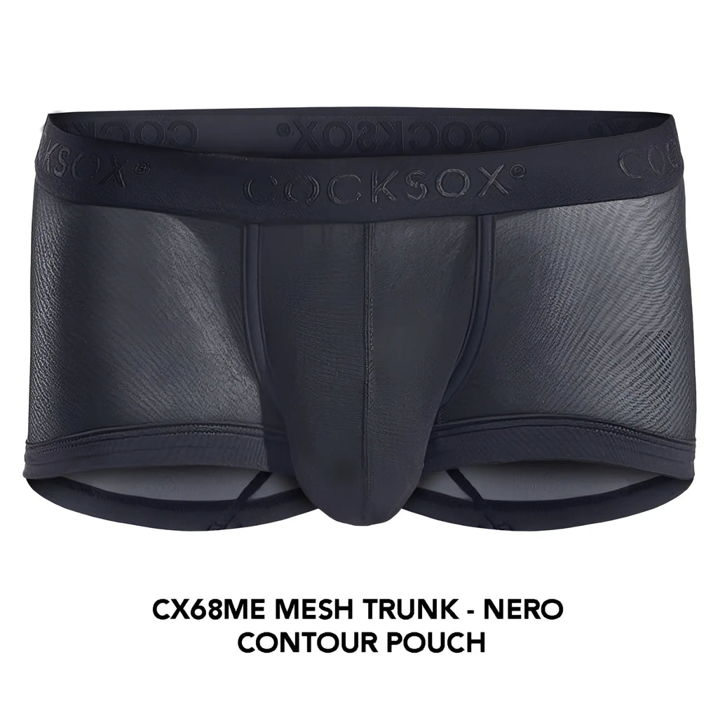 Black mesh trunk with contoured pouch and cocksox branding on waistband cocksox cx68me mesh trunk