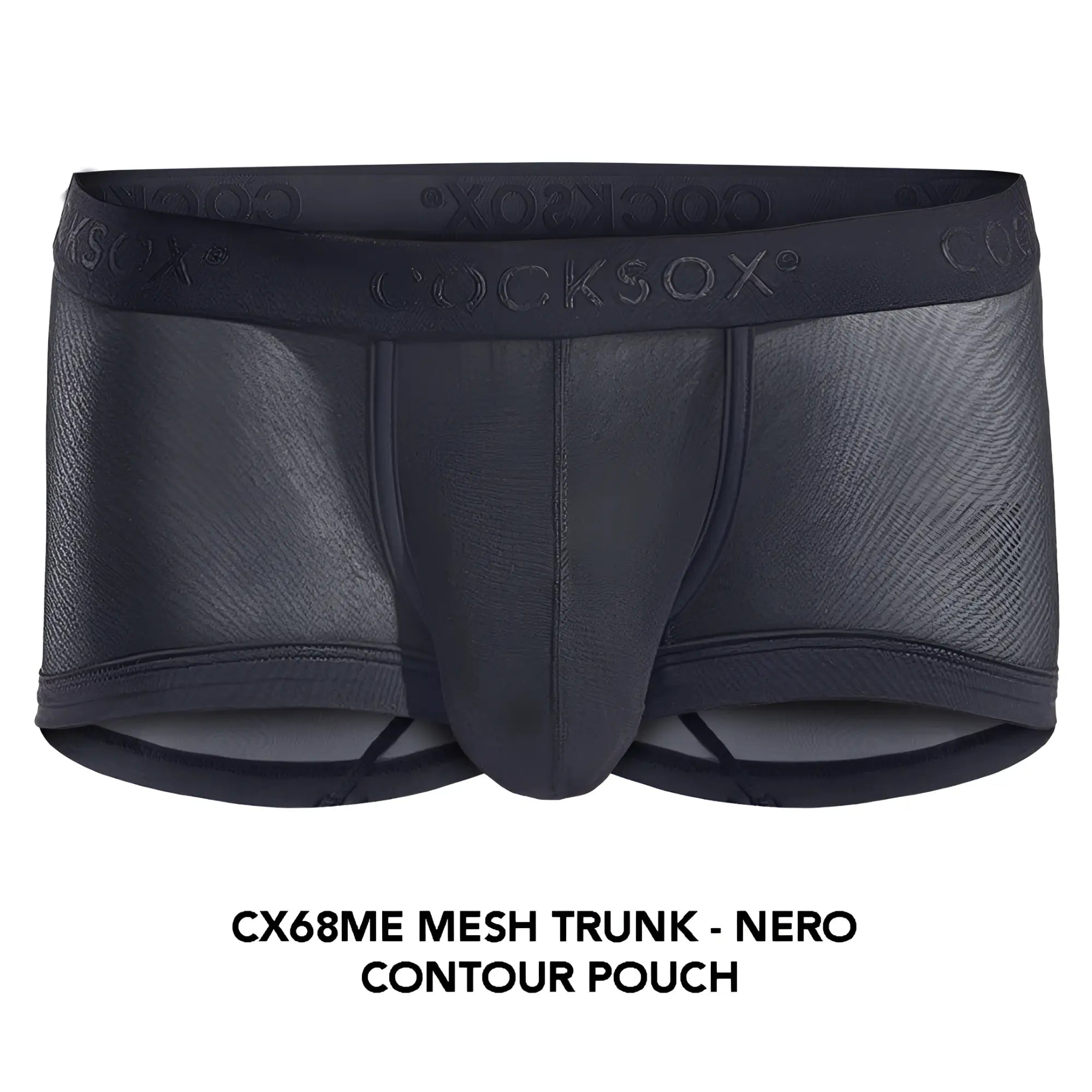 Black mesh trunk with contoured pouch and cocksox branding on waistband cocksox cx68me mesh trunk