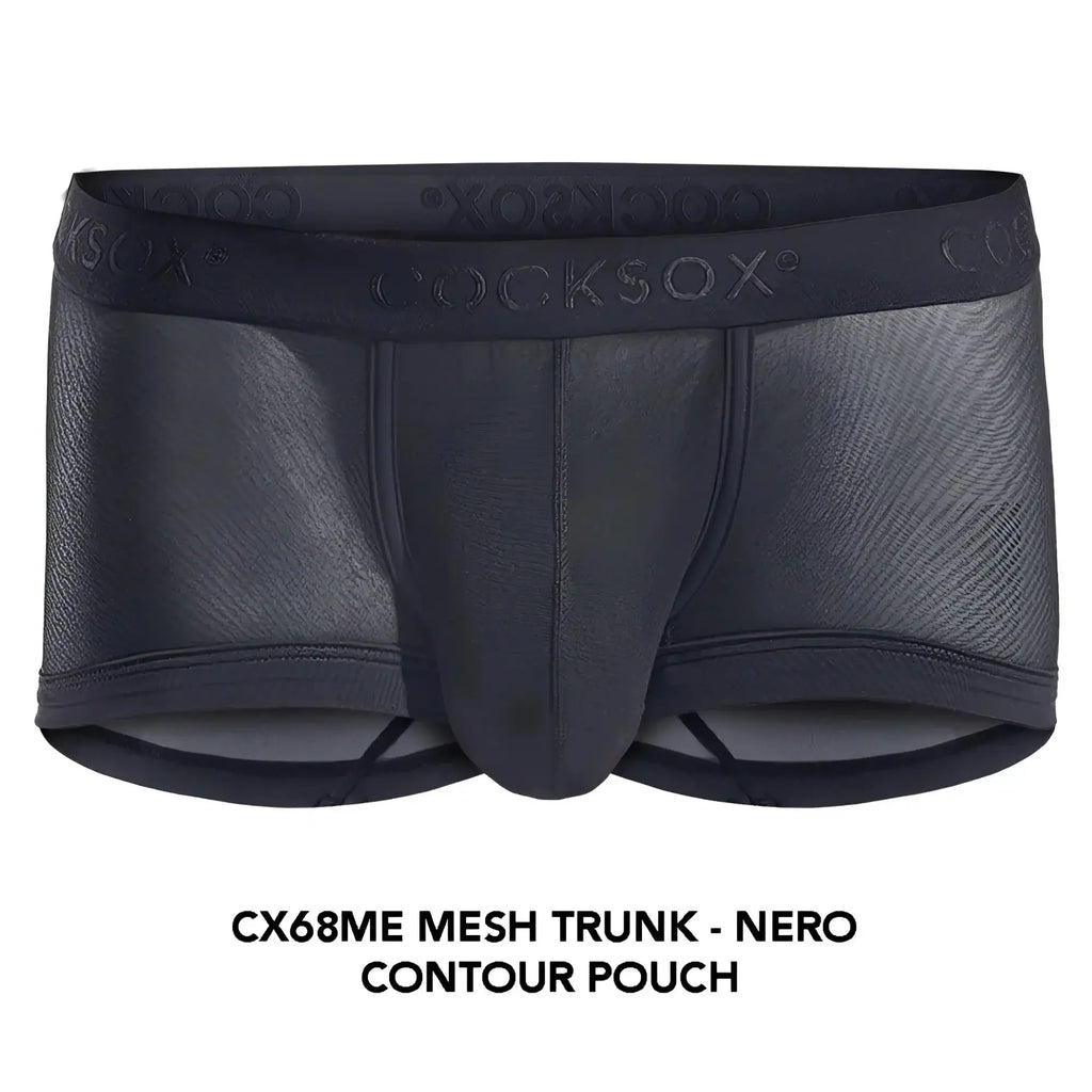 Black mesh trunk with contoured pouch and cocksox branding on waistband cocksox cx68me mesh trunk