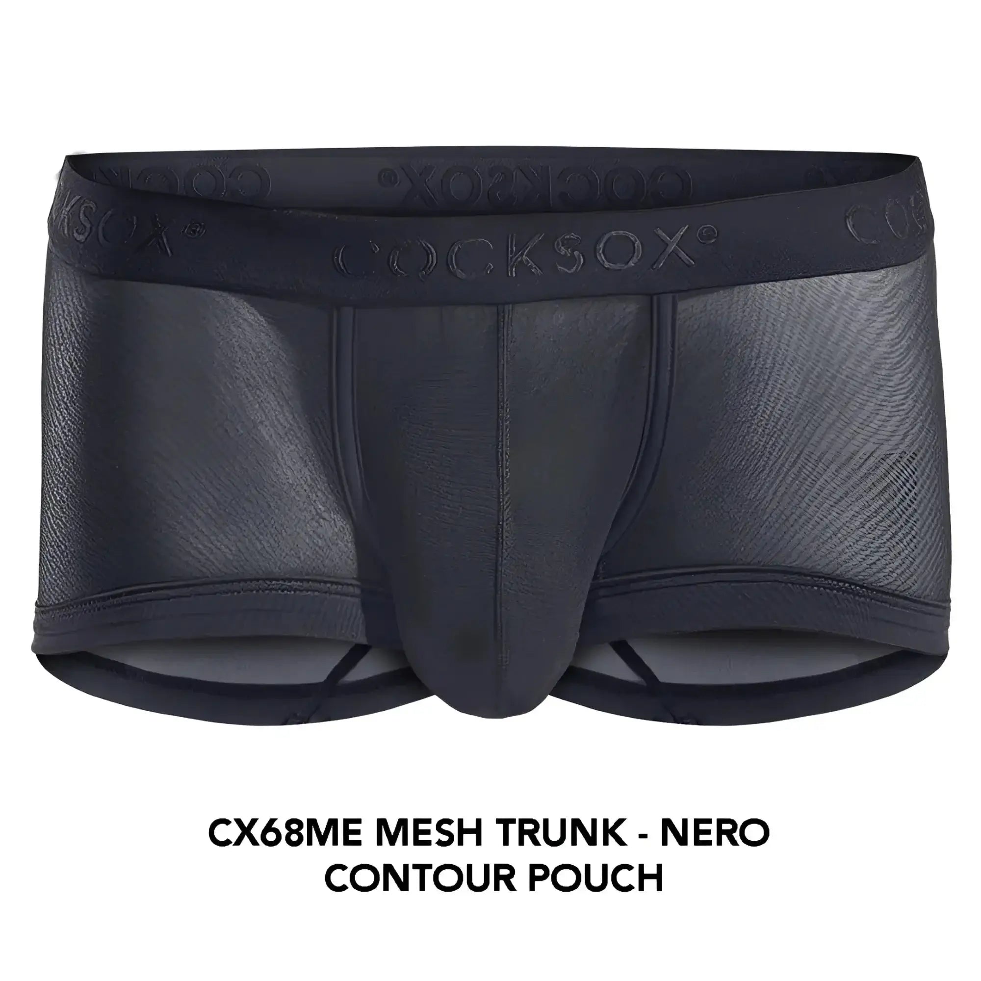 Black mesh trunk with contoured pouch and cocksox branding on waistband cocksox cx68me mesh trunk