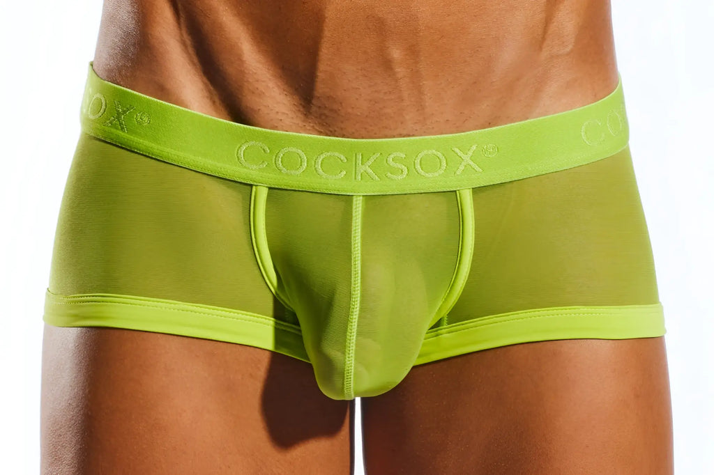 Bright lime green cocksox cx68me mesh trunk briefs with smooth stretchy fabric and elastic waistband with brand name