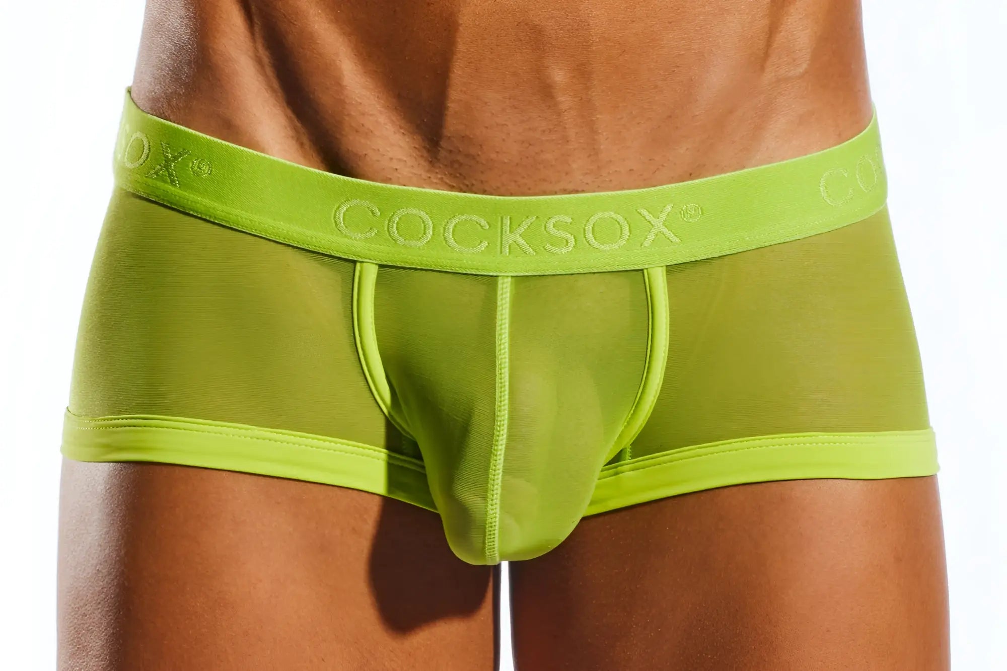 Bright lime green cocksox cx68me mesh trunk briefs with smooth stretchy fabric and elastic waistband with brand name