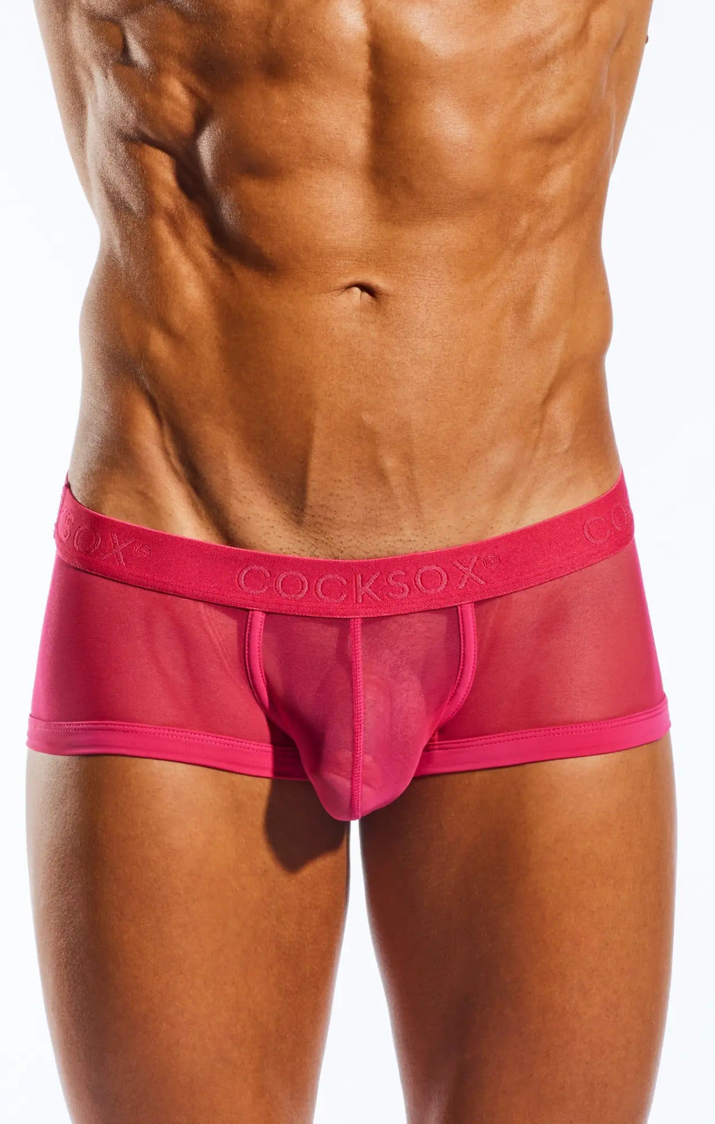 Bright pink transparent mesh briefs with solid pink waistband featuring cocksox brand name cocksox cx68me mesh trunk