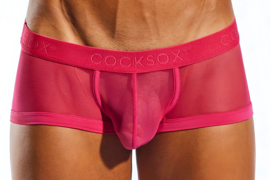 Cocksox cx68me mesh trunk bright pink transparent mesh briefs with solid pink waistband and cocksox branding