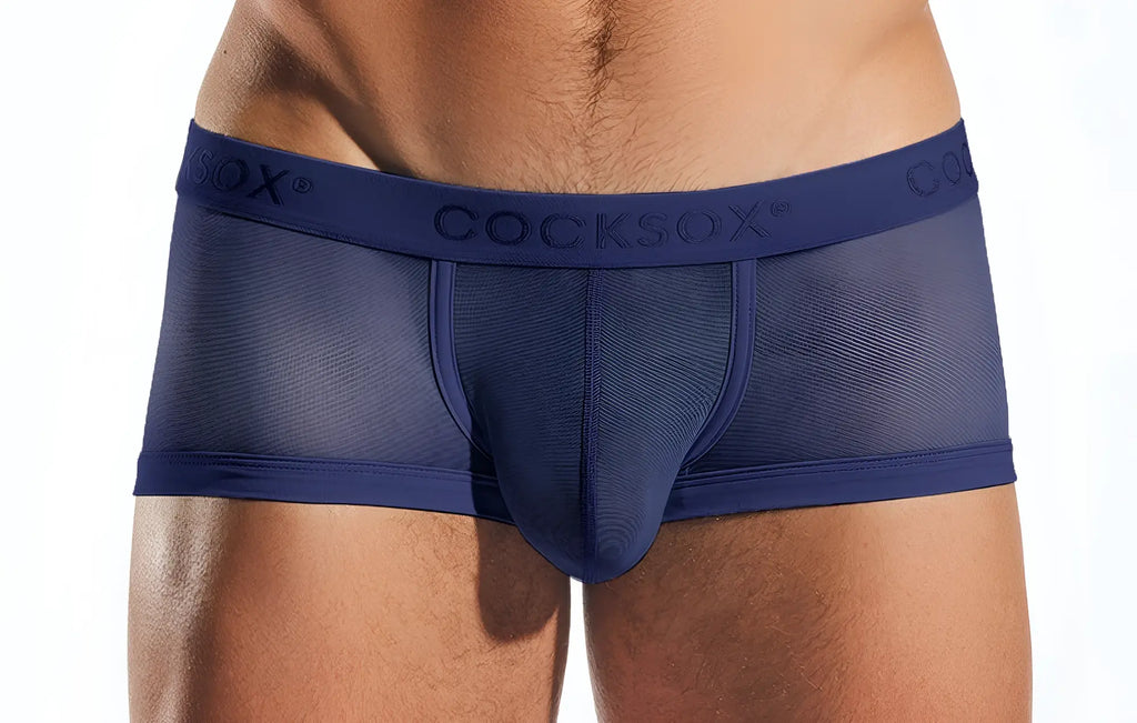 Navy blue cocksox cx68me mesh trunk men’s briefs with breathable mesh fabric and branded waistband front view