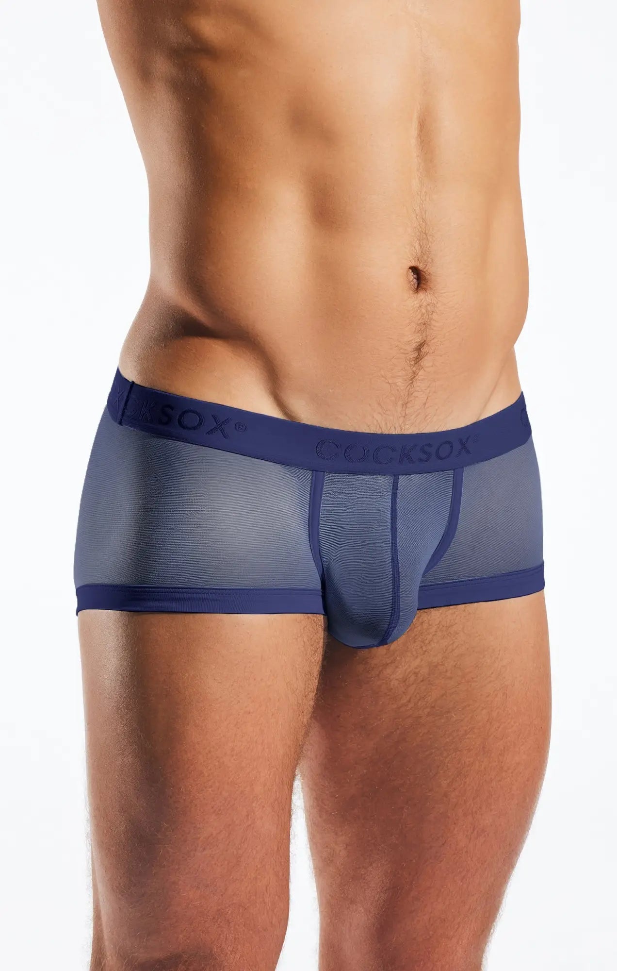 Navy blue mesh briefs with solid waistband and leg openings cocksox cx68me mesh trunk front view