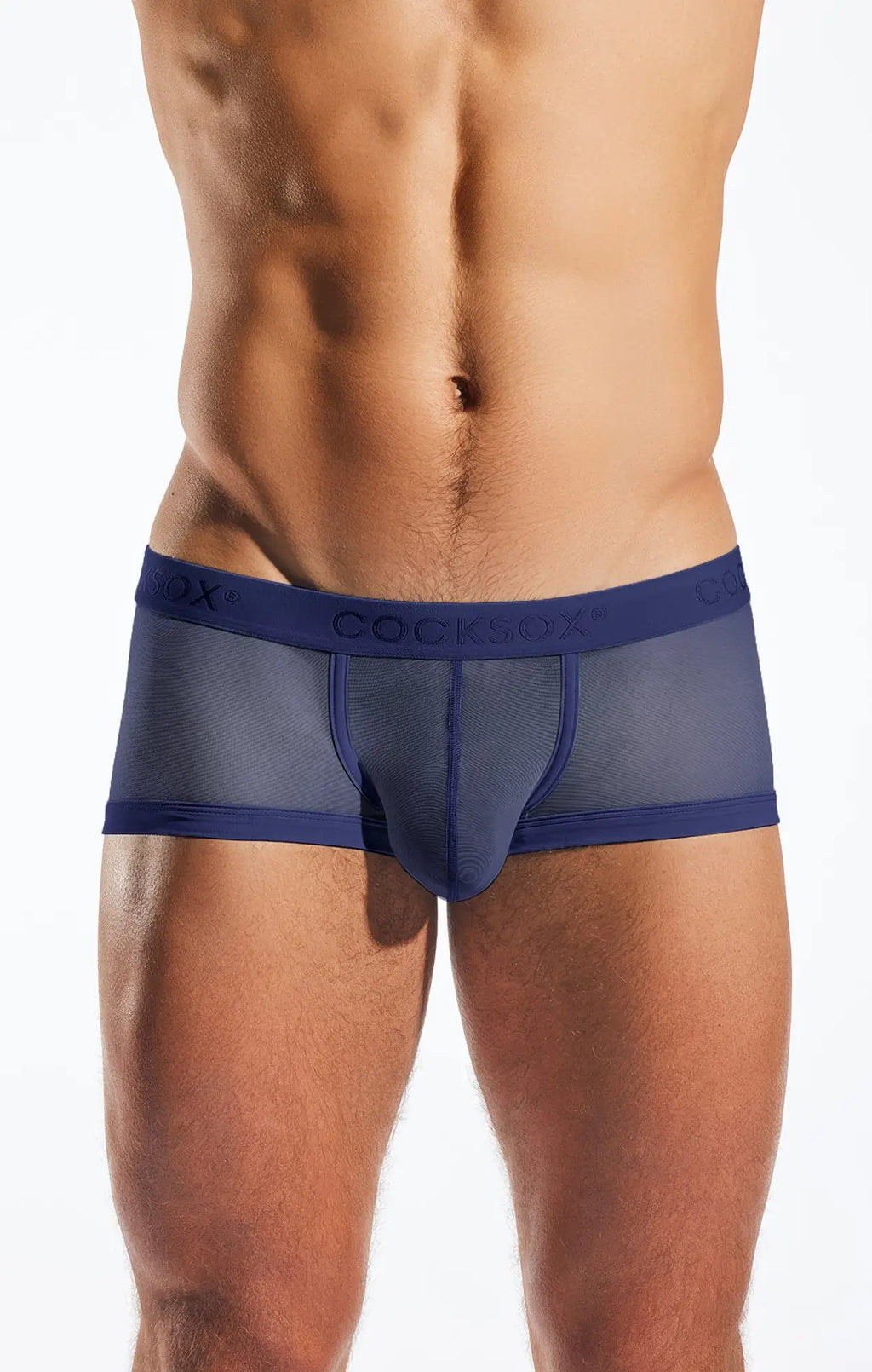 Navy blue mesh briefs cocksox cx68me mesh trunk with solid waistband featuring coopsox brand name