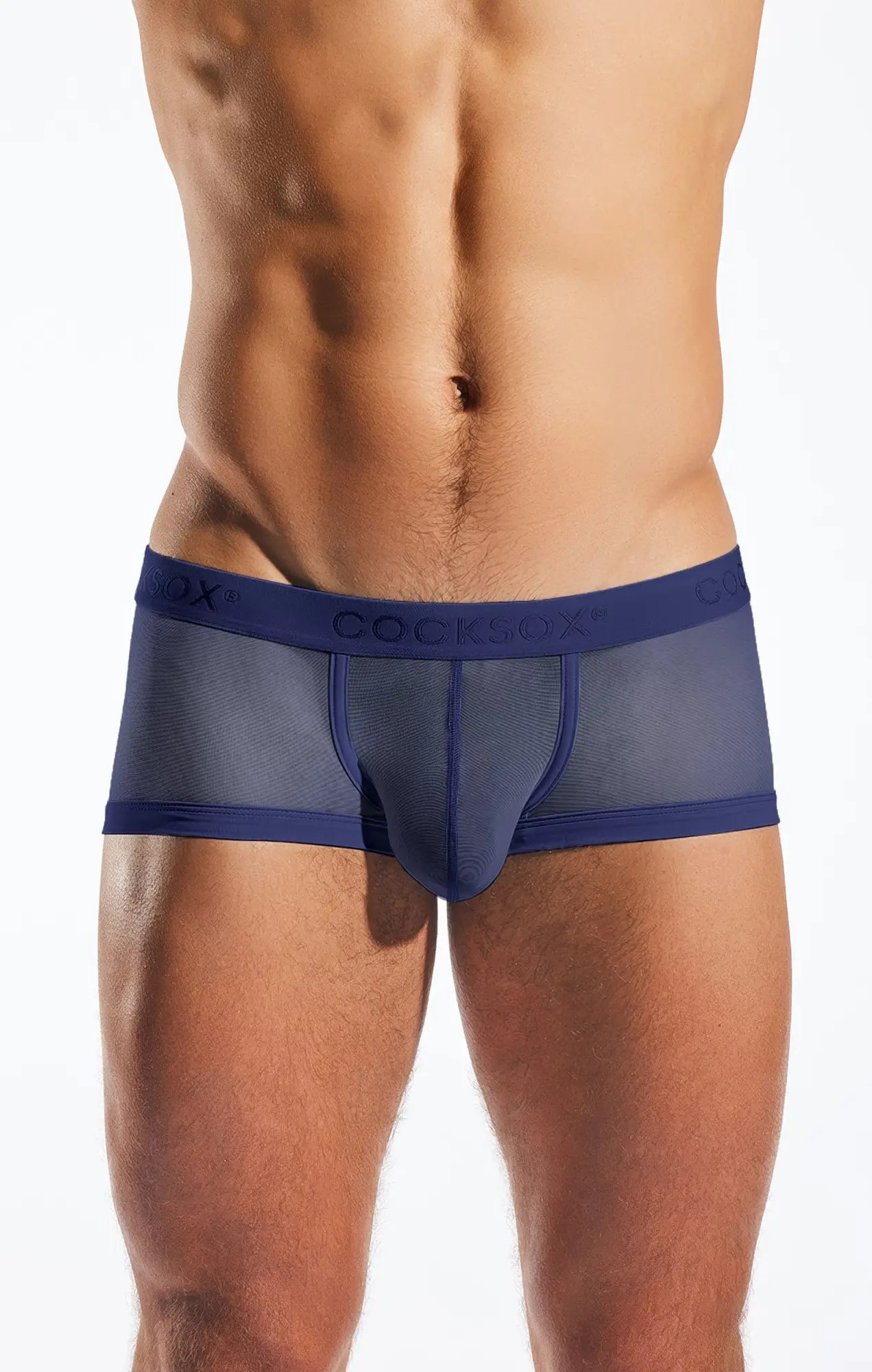 Navy blue mesh briefs cocksox cx68me mesh trunk with solid waistband featuring coopsox brand name