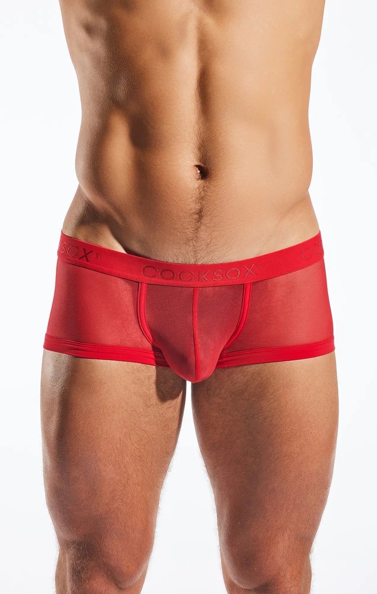 Cocksox CX68ME mesh trunk red mesh briefs with solid red waistband featuring Cooksox brand name