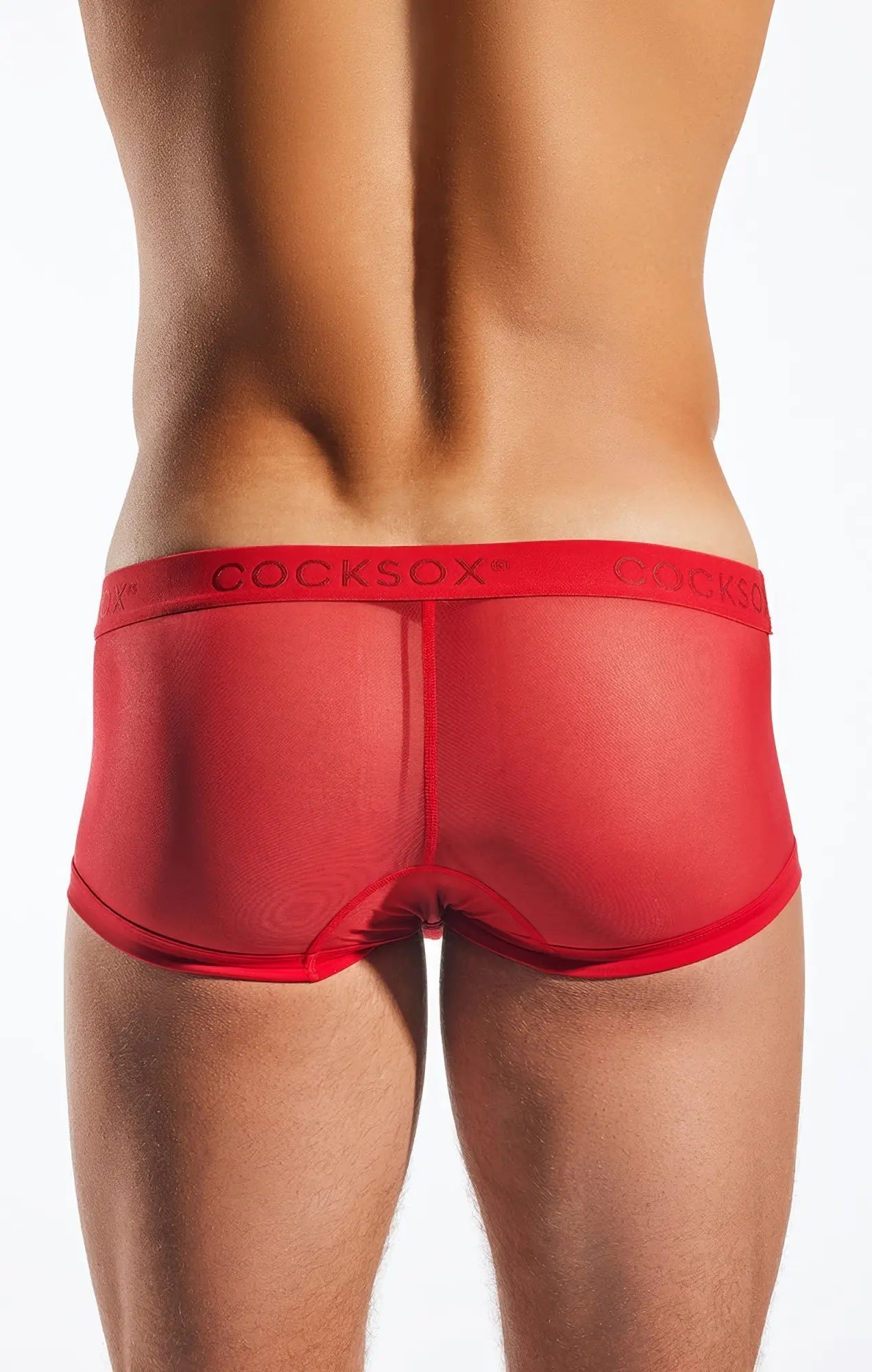 Red transparent mesh briefs with matching elastic waistband featuring cocksox brand name cocksox cx68me mesh trunk