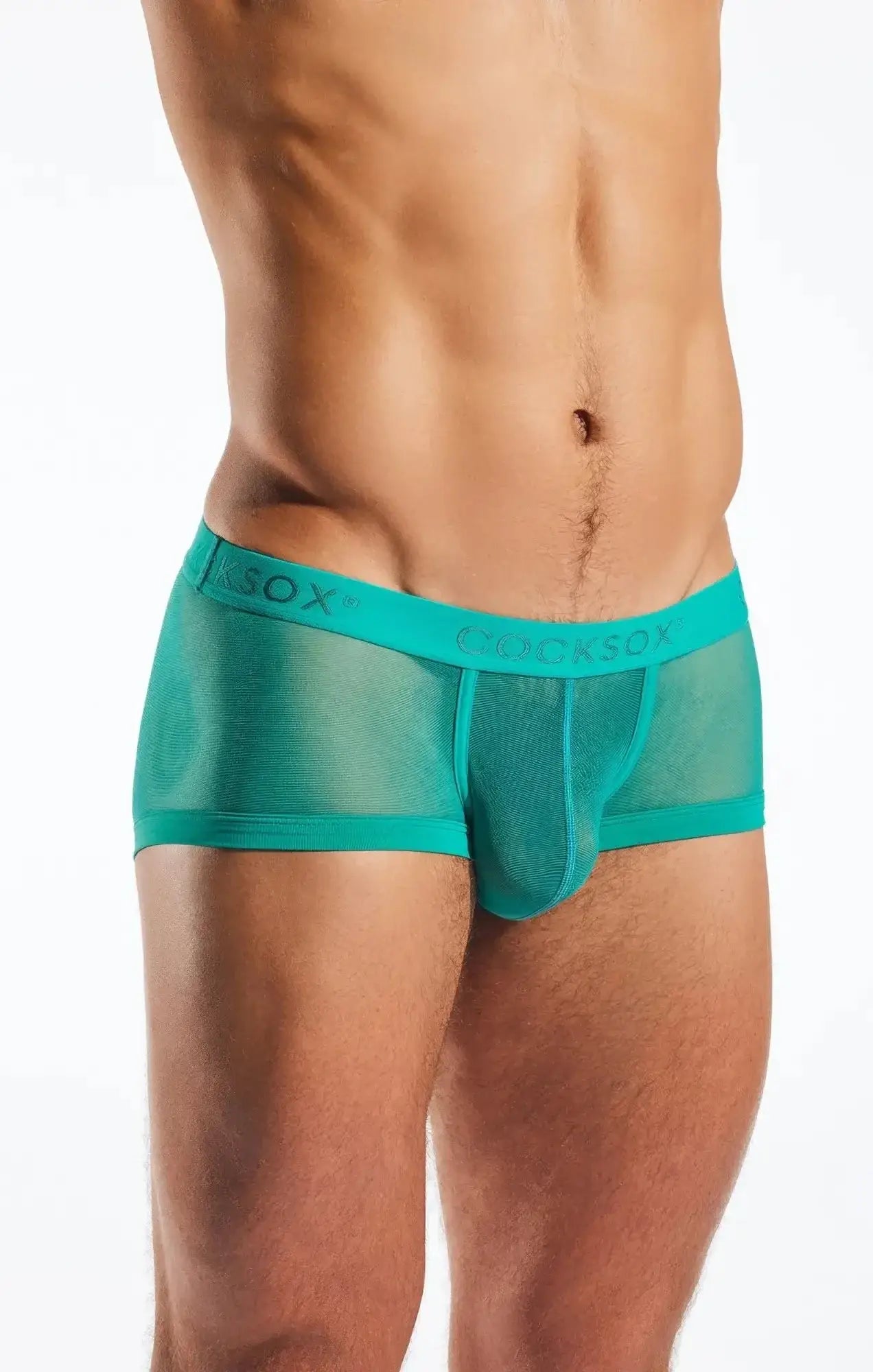 Teal mesh cocksox cx68me trunk with solid waistband featuring cocksox brand name in front view