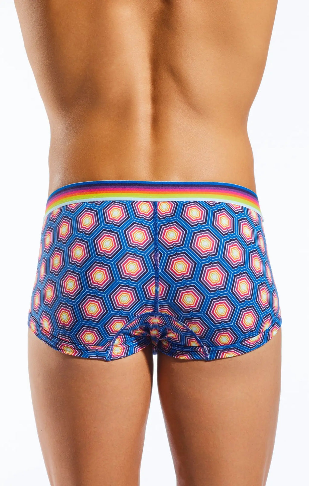Cocksox CX68N trunk blue briefs with geometric hexagonal pattern in pink white yellow and rainbow-striped waistband