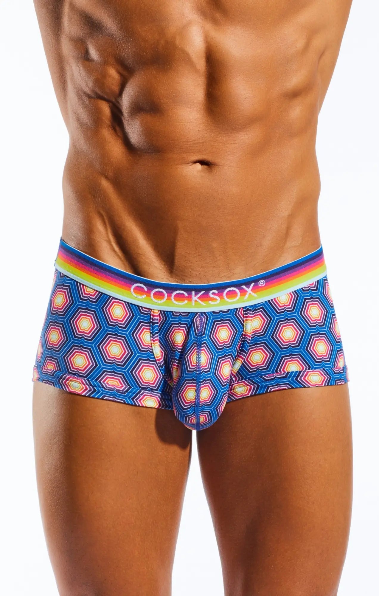 Cocksox cx68n trunk men’s briefs with blue and pink geometric pattern and rainbow-striped waistband