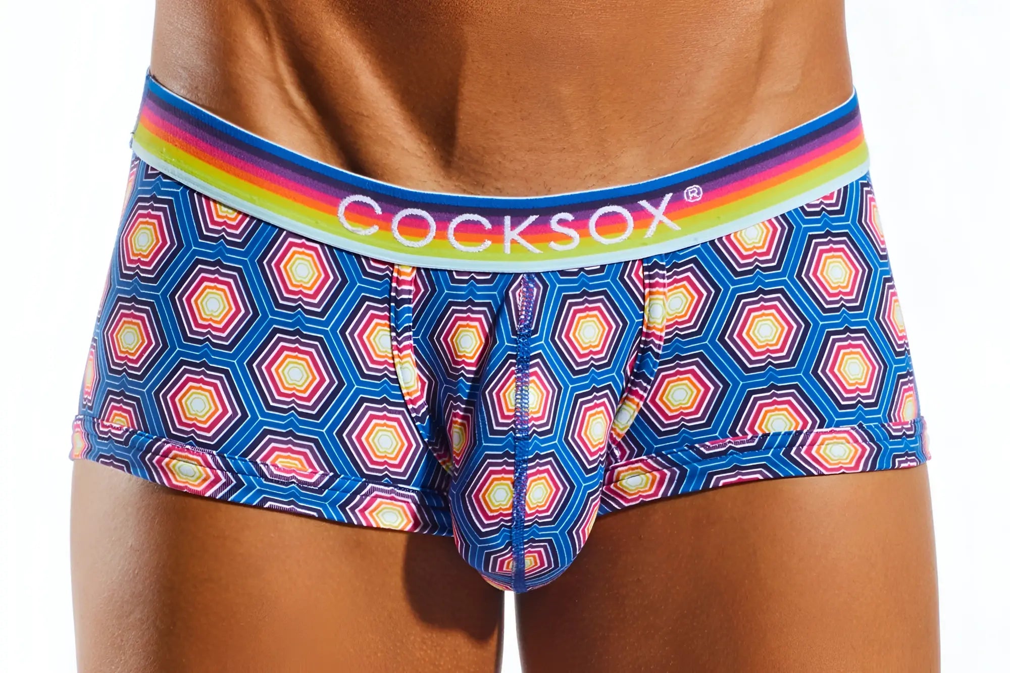 Cocksox cx68n trunk men’s briefs with blue rainbow stripes and vibrant pink yellow white geometric hexagonal pattern